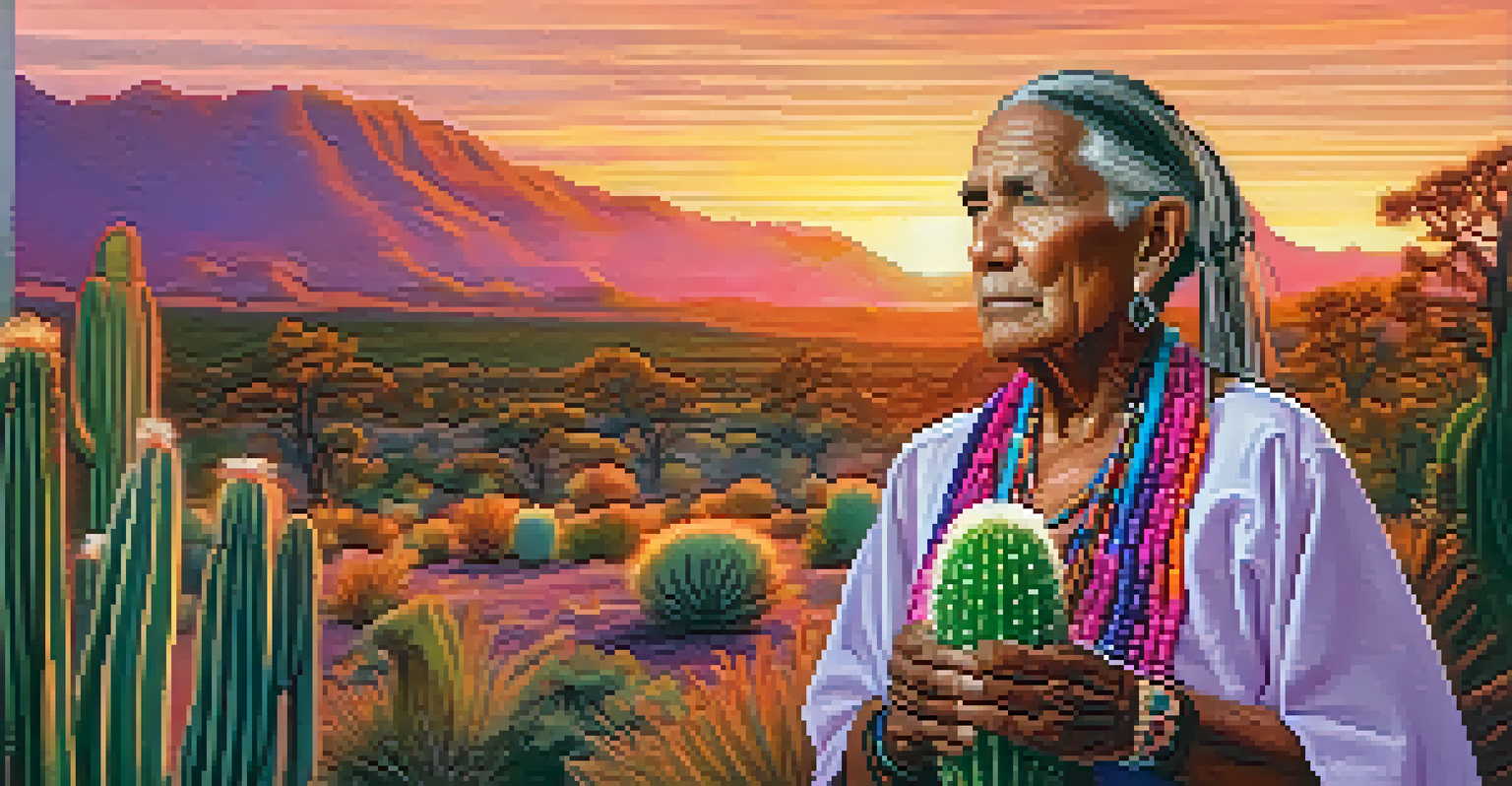 An Indigenous elder holding a Peyote cactus, with a sunset and lush landscape in the background.