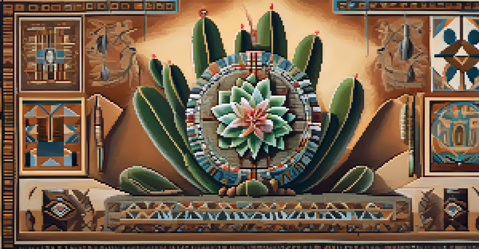 Artistic depiction of a peyote cactus with traditional Native American symbols on a textured background.