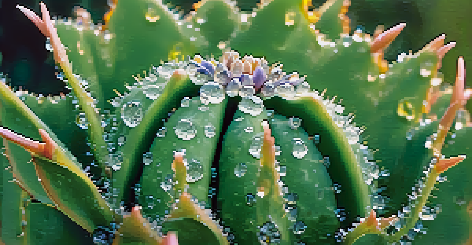 A detailed close-up of a peyote cactus with dew drops in a green setting.