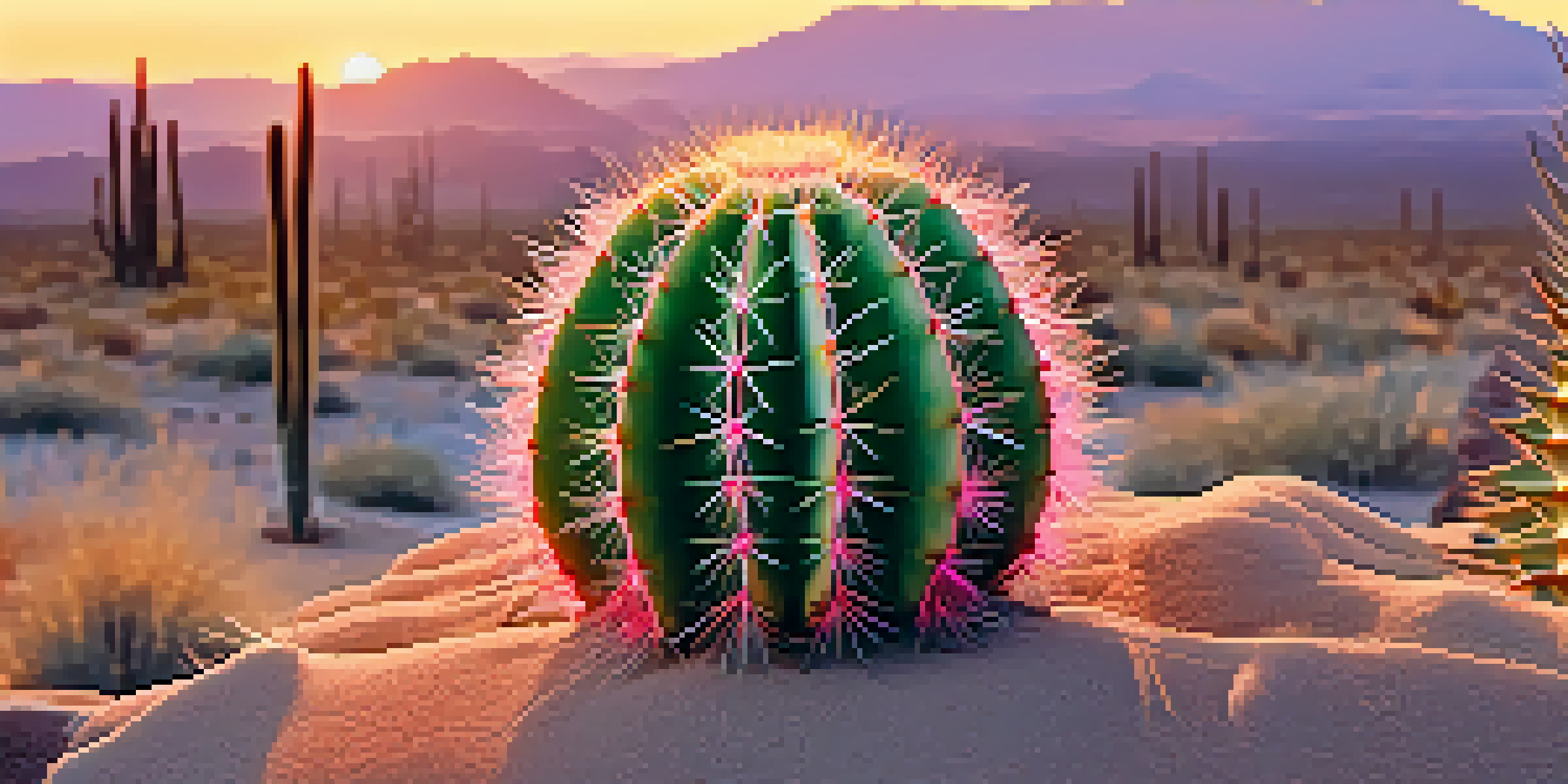A close-up of a peyote cactus in a desert landscape at sunset, showcasing its spiny texture and warm colors.