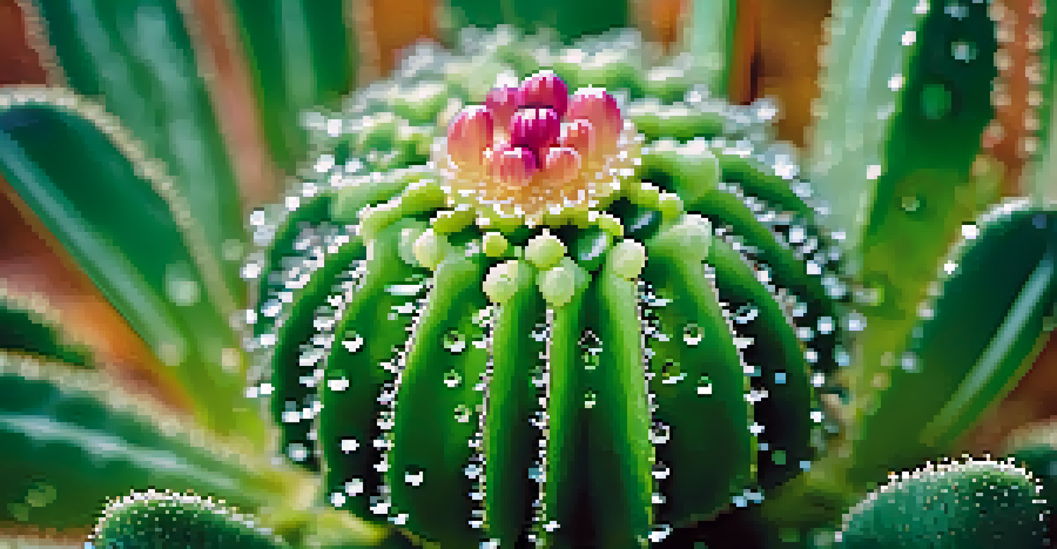 A close-up view of a peyote cactus displaying dew droplets, showcasing its vibrant green color and intricate details in a softly blurred natural setting.