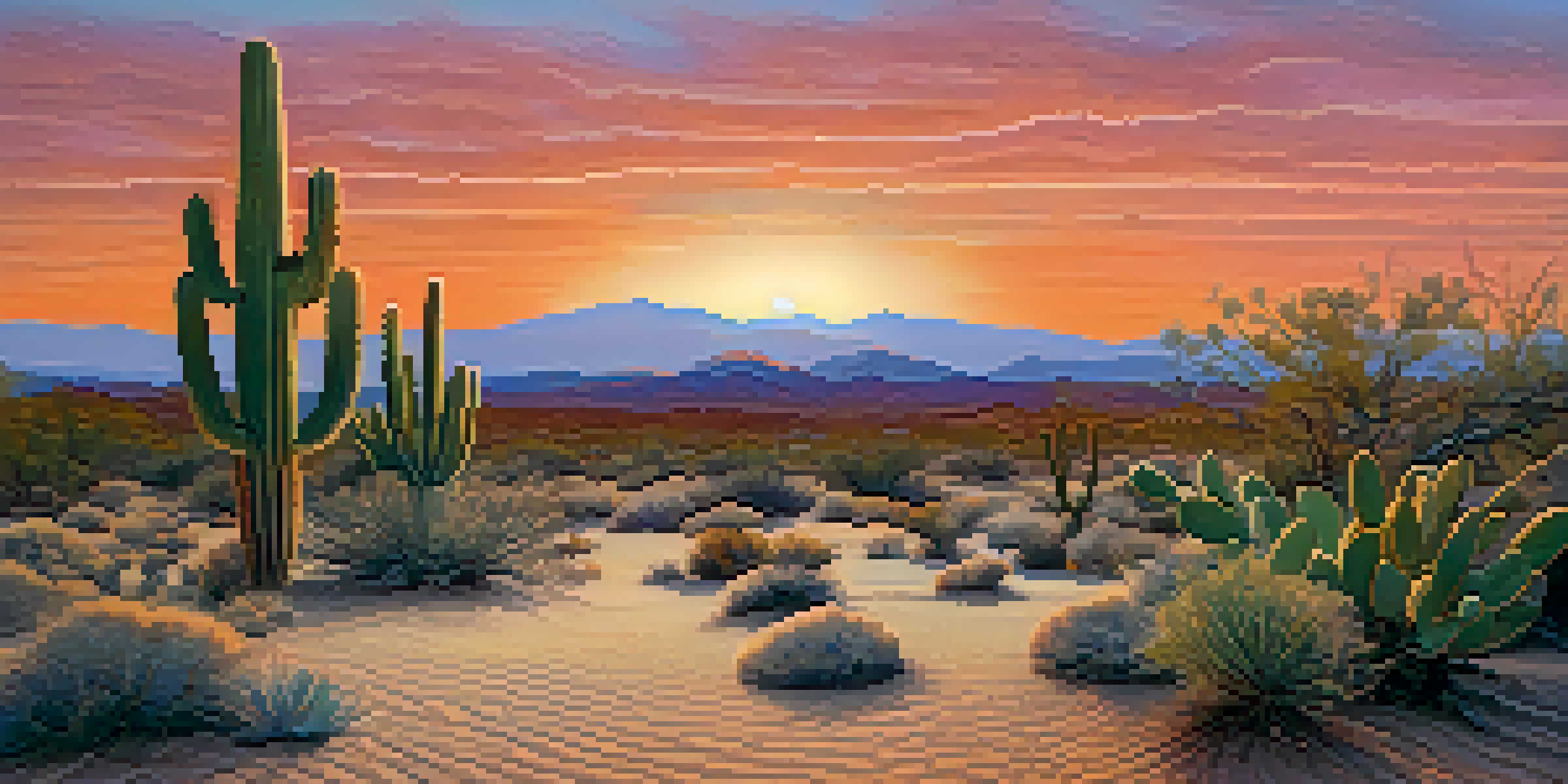 A sunset view of a tranquil desert landscape with a small peyote cactus in the foreground, showcasing vibrant sky colors and soft clouds.