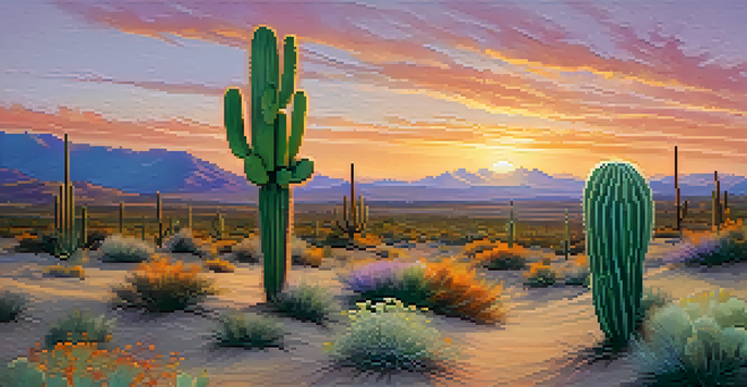 A peaceful desert landscape at sunset with a small cactus and blooming wildflowers.