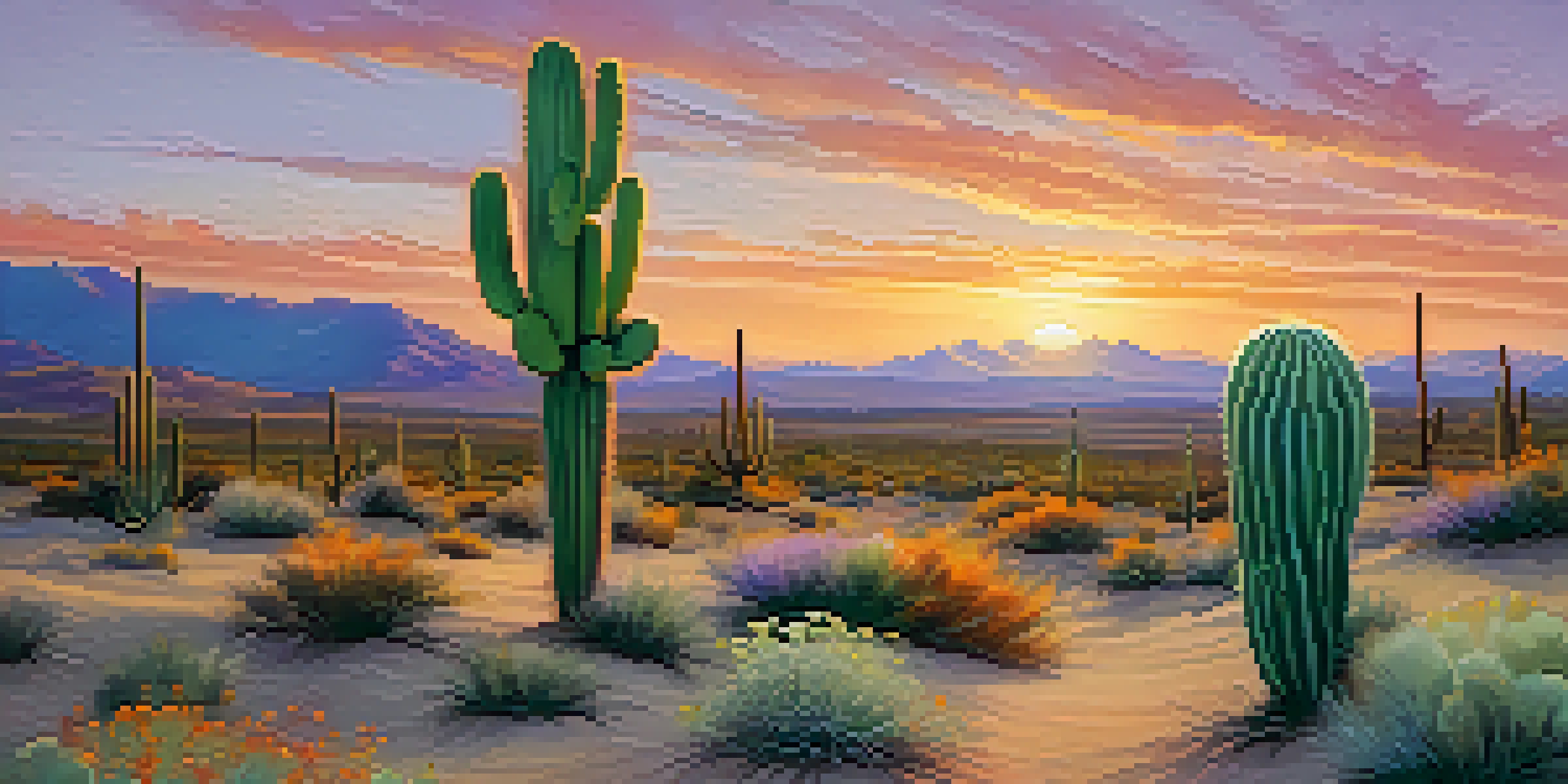 A peaceful desert landscape at sunset with a small cactus and blooming wildflowers.