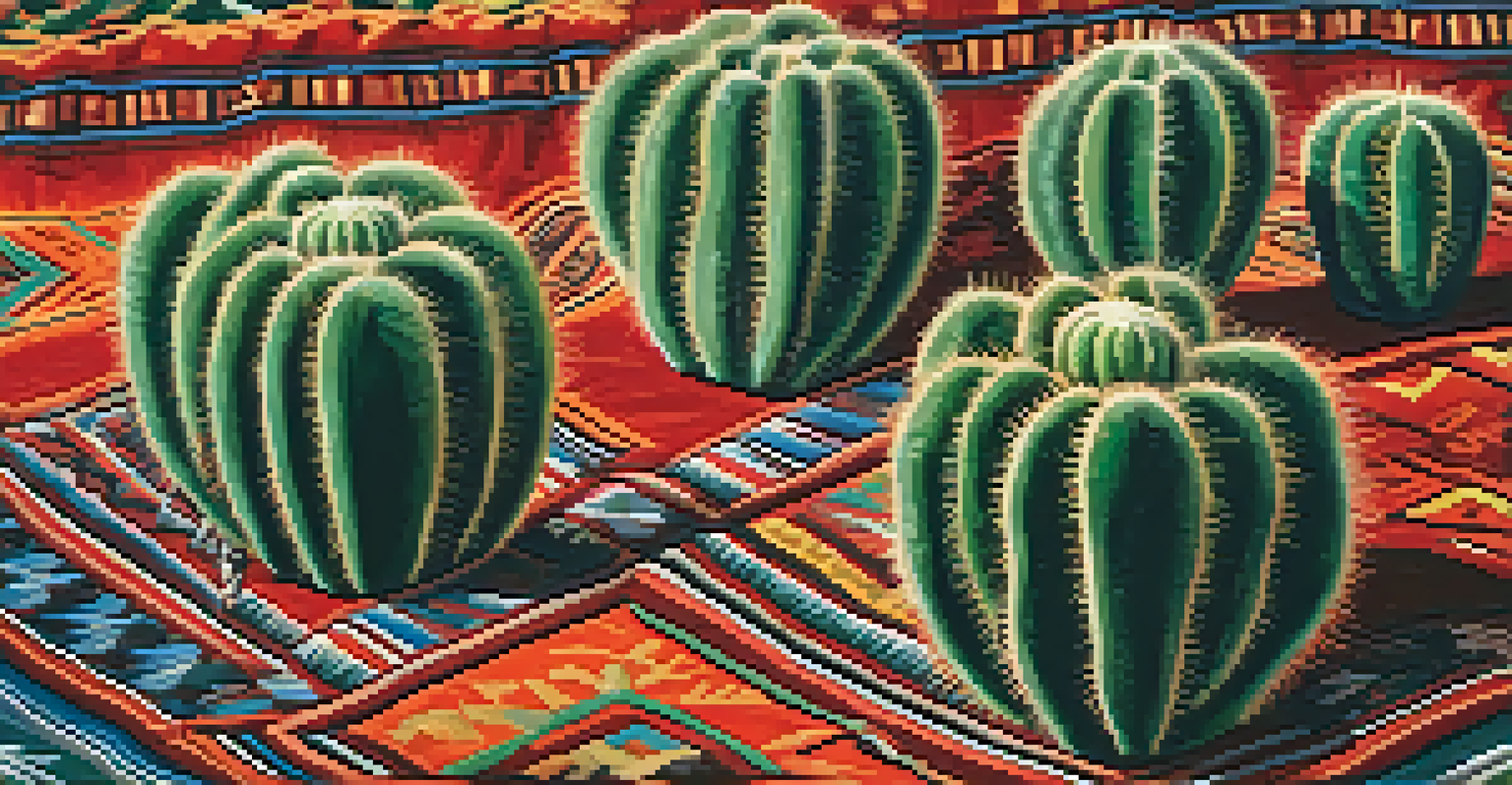 Close-up of peyote cacti on a patterned ceremonial cloth, with blurred figures in the background.