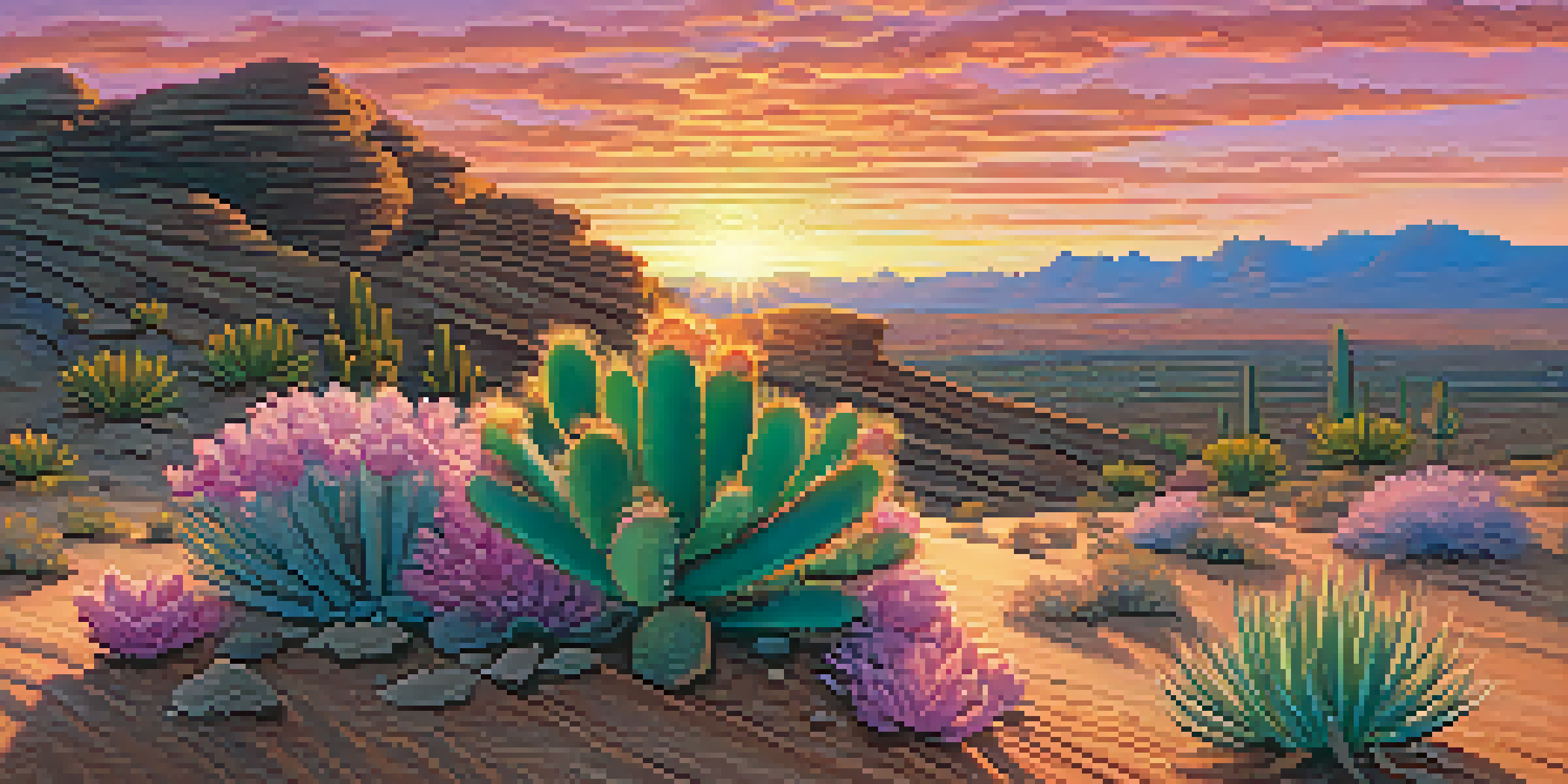 A sunset over a desert landscape featuring a small peyote cactus in the foreground, with colorful skies and soft shadows.