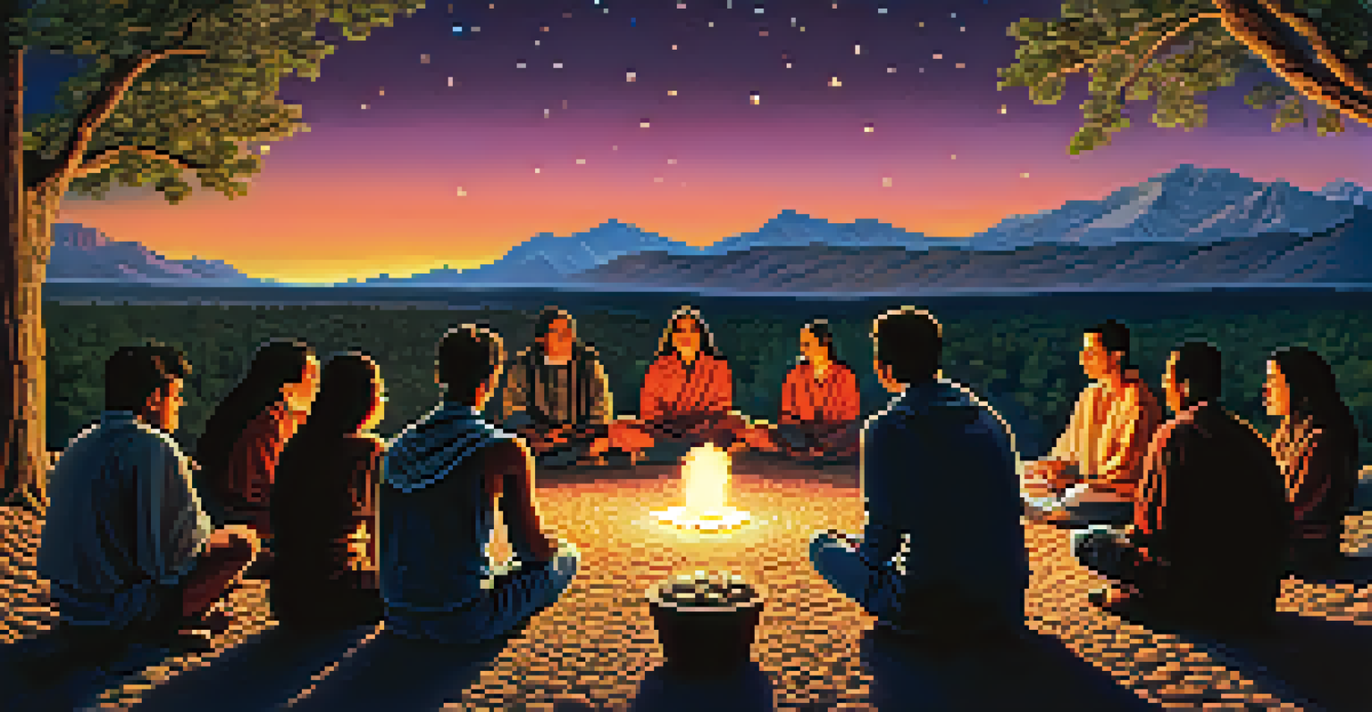A serene communal peyote ceremony under a starlit sky, with participants in a circle around a glowing fire, surrounded by nature.
