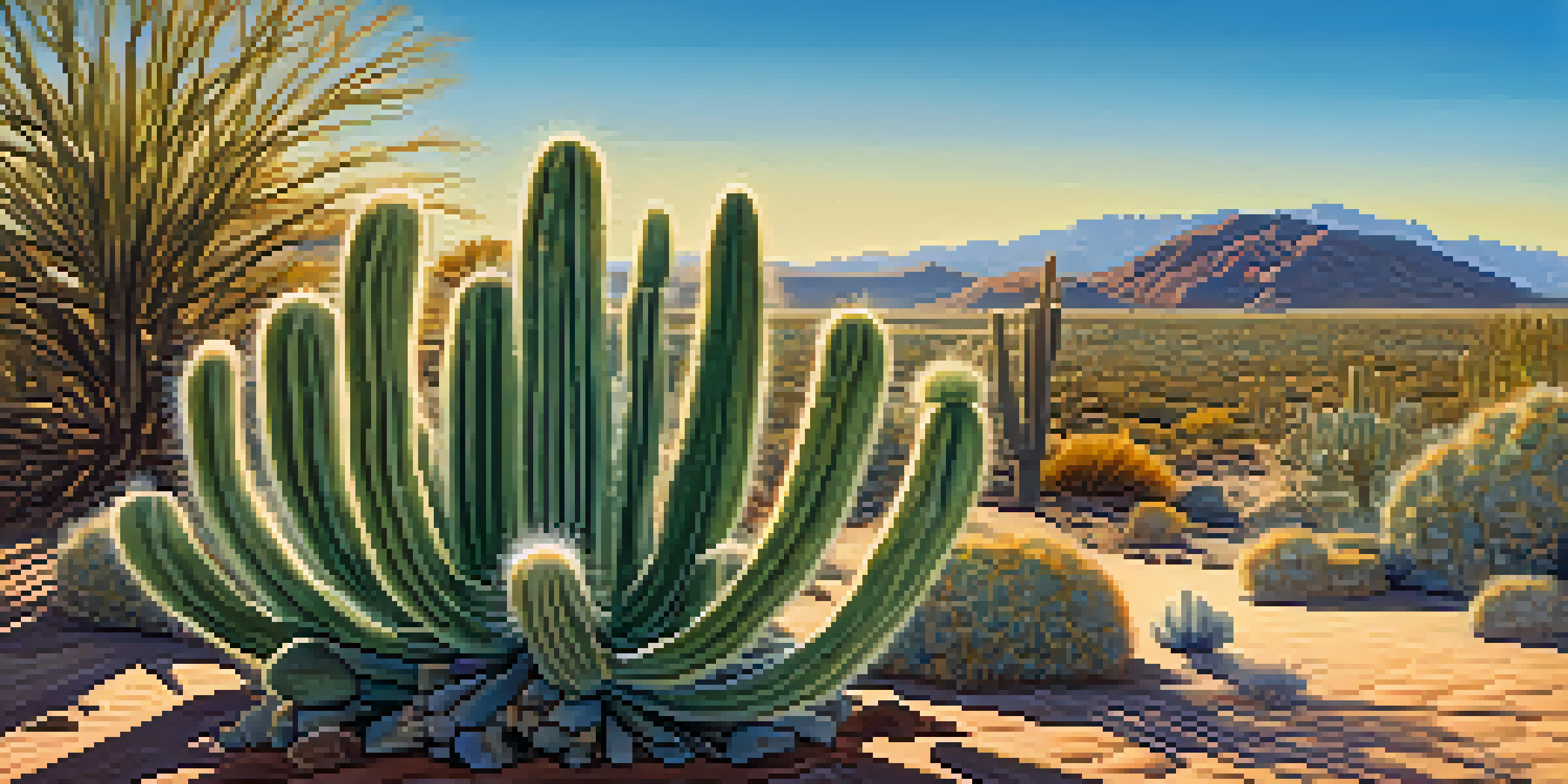A peyote cactus stands among colorful desert plants under a bright blue sky, illuminated by soft sunlight.