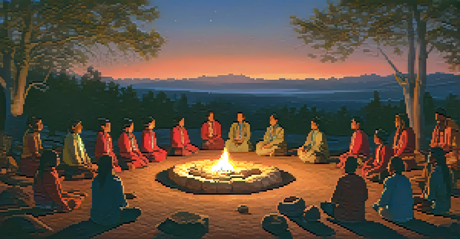 An Indigenous healing ceremony in the evening, with participants around a fire and a starry sky above, creating a peaceful and spiritual ambiance.