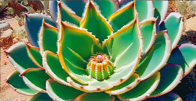 A detailed close-up of a peyote cactus with a blurred desert landscape and blue sky in the background.