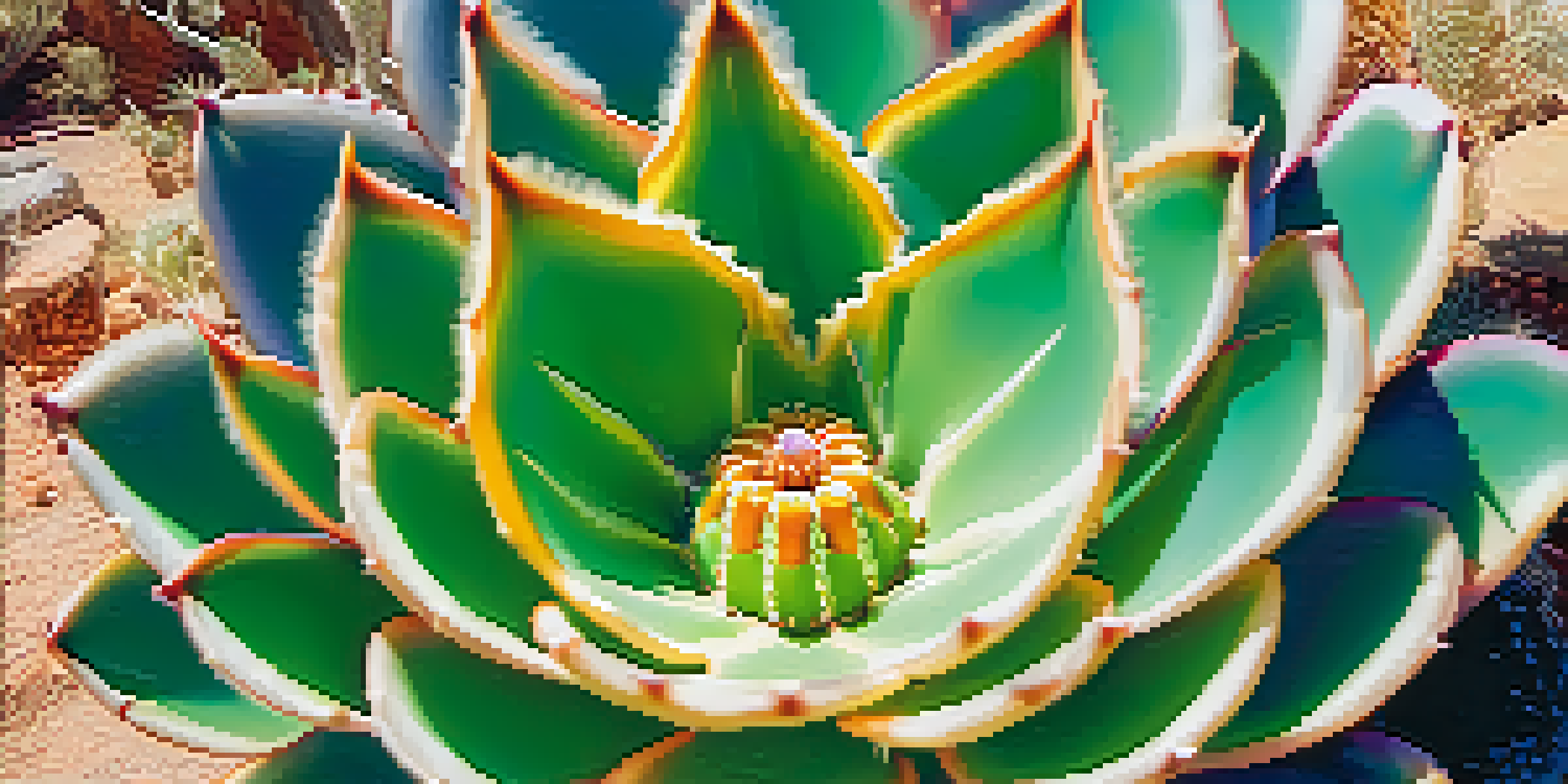 A detailed close-up of a peyote cactus with a blurred desert landscape and blue sky in the background.