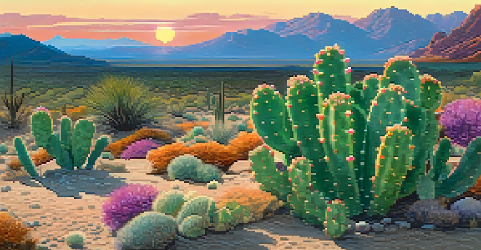 A desert landscape featuring a green peyote cactus at sunset, with a colorful sky and distant mountains.