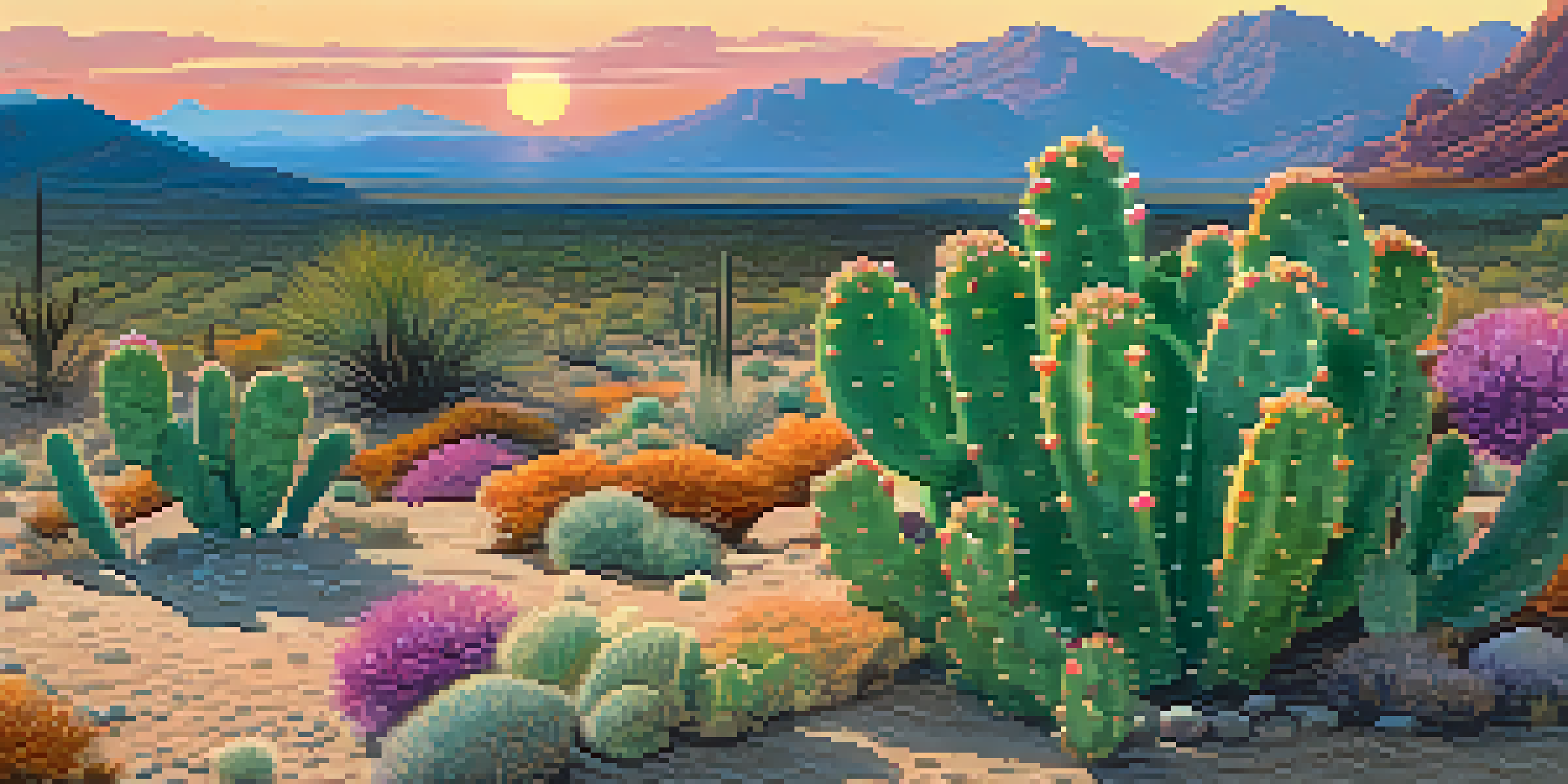 A desert landscape featuring a green peyote cactus at sunset, with a colorful sky and distant mountains.