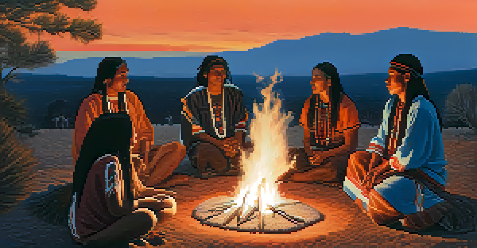 Native American peyote ceremony at dusk, with participants around a fire and a starry sky overhead.