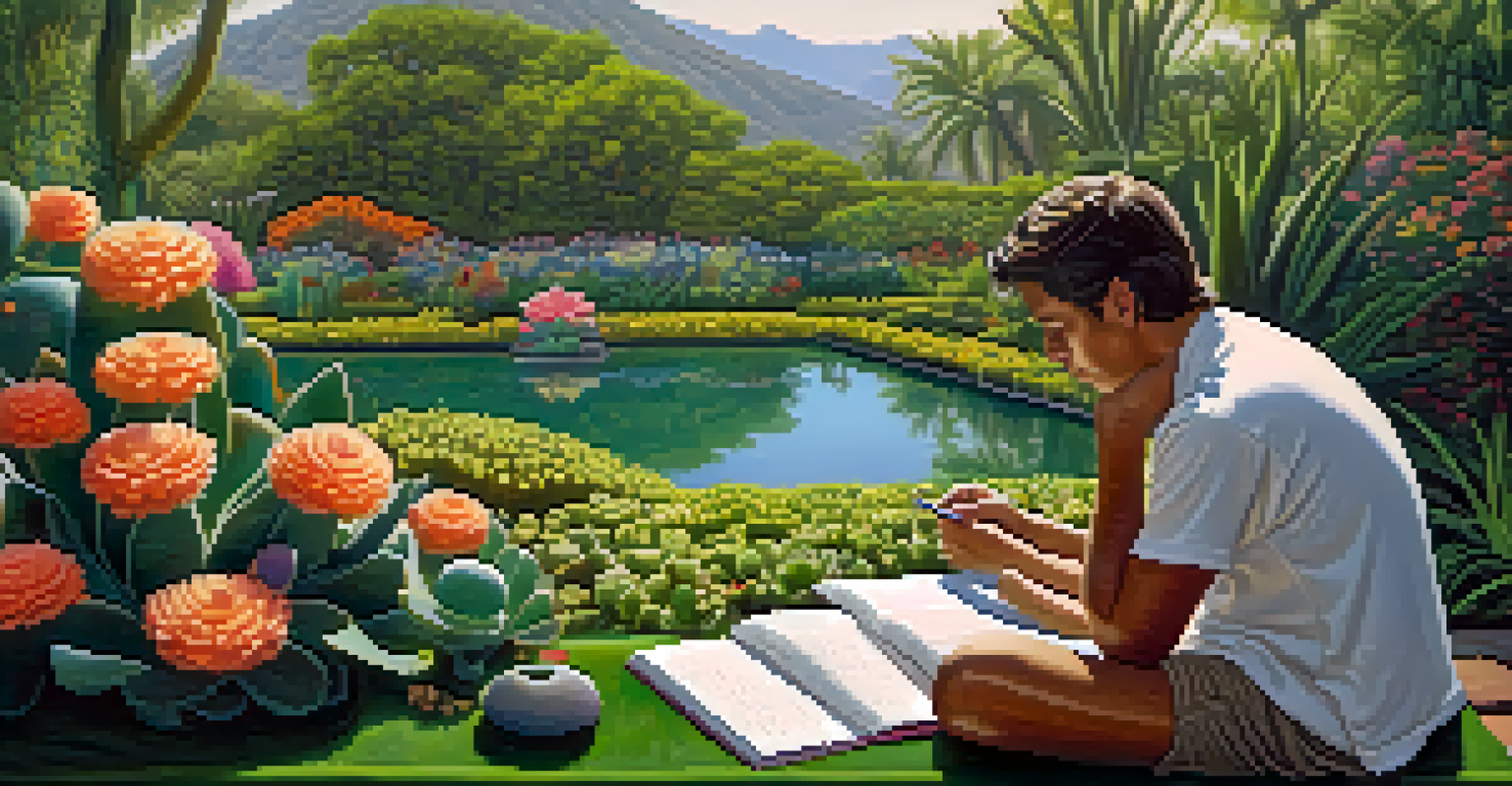 A person journaling in a garden after peyote meditation, surrounded by greenery and a small peyote cactus.