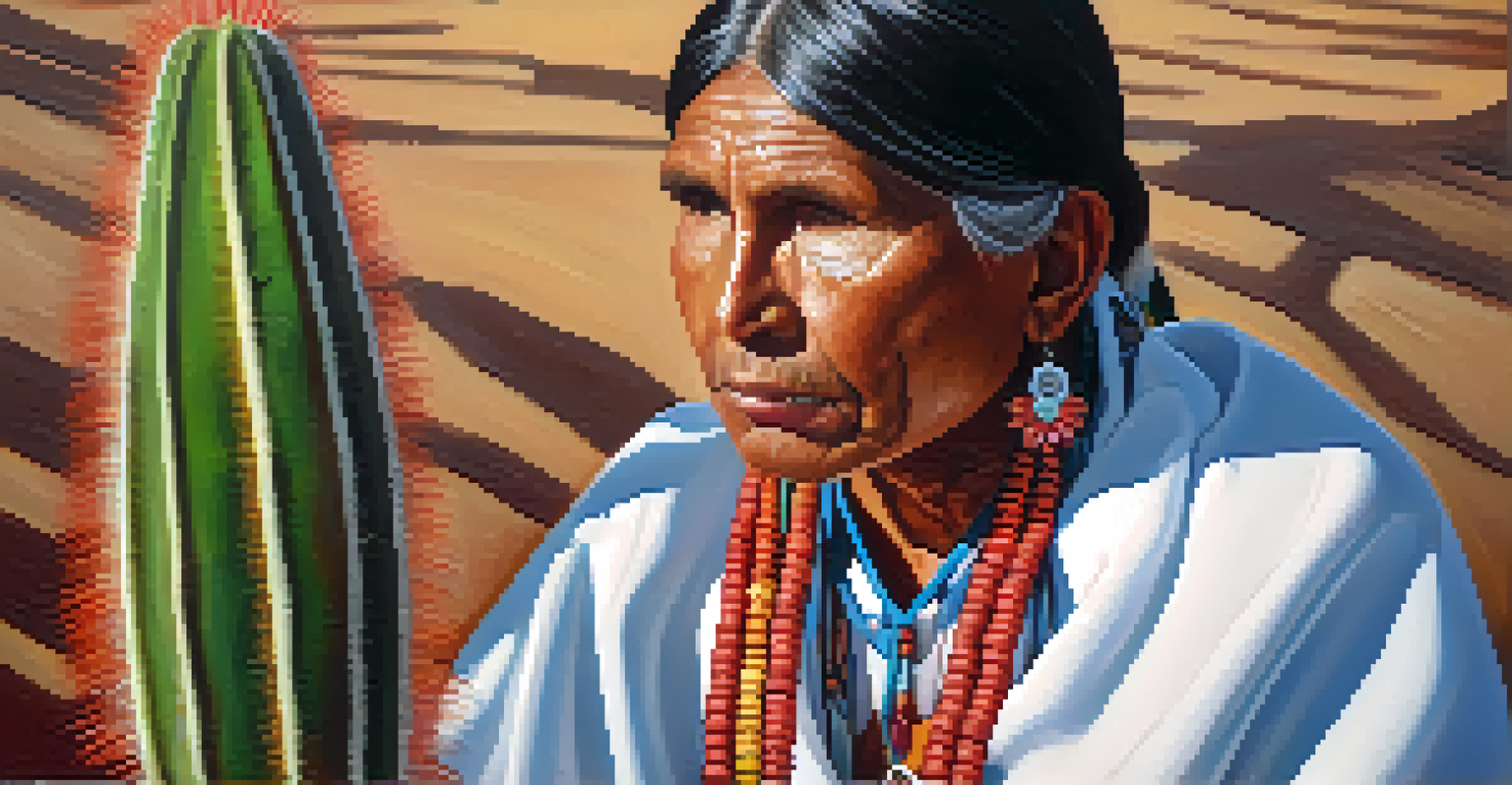 An Indigenous person in traditional attire, holding a peyote cactus with a thoughtful expression in a ceremonial setting.