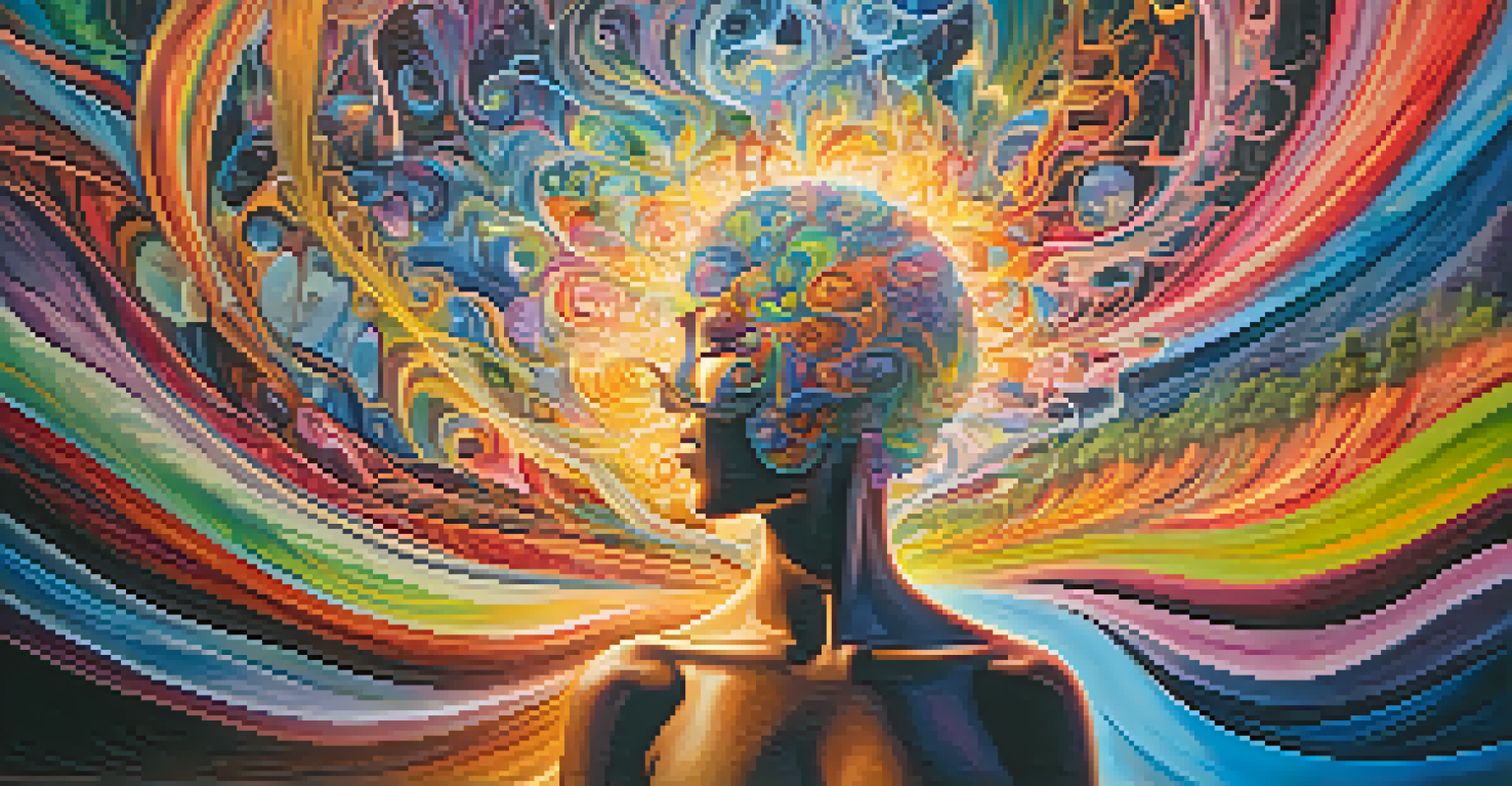 An abstract depiction of a vibrant psychedelic experience, with swirling colors and images of nature representing personal growth.