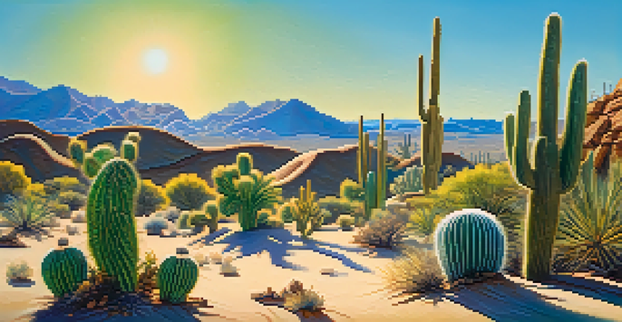 A peaceful desert scene with green Peyote cacti against a sandy backdrop and clear blue sky, highlighting the texture and shadows of the cacti.