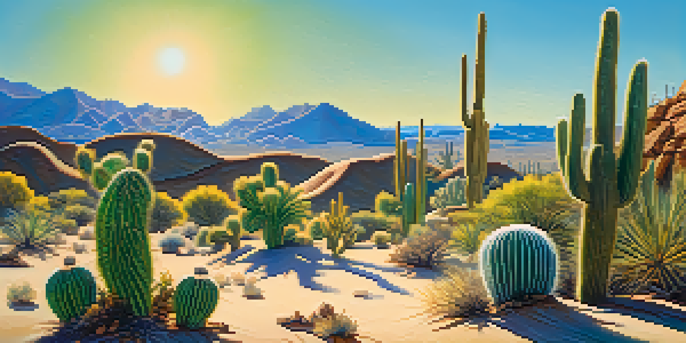 A peaceful desert scene with green Peyote cacti against a sandy backdrop and clear blue sky, highlighting the texture and shadows of the cacti.
