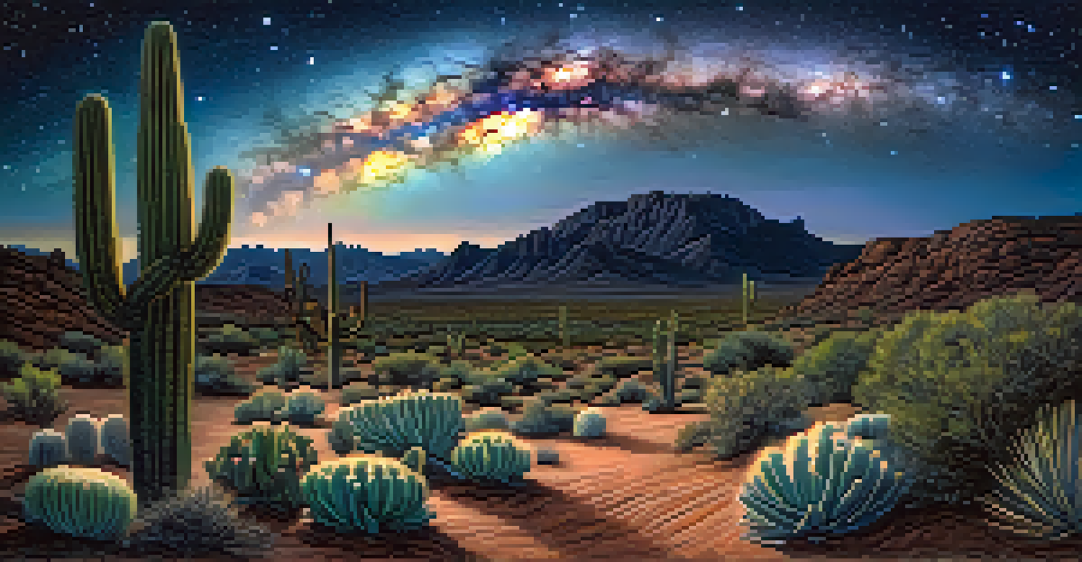A peyote cactus in a desert landscape under a starry night sky, with the Milky Way illuminating the scene.