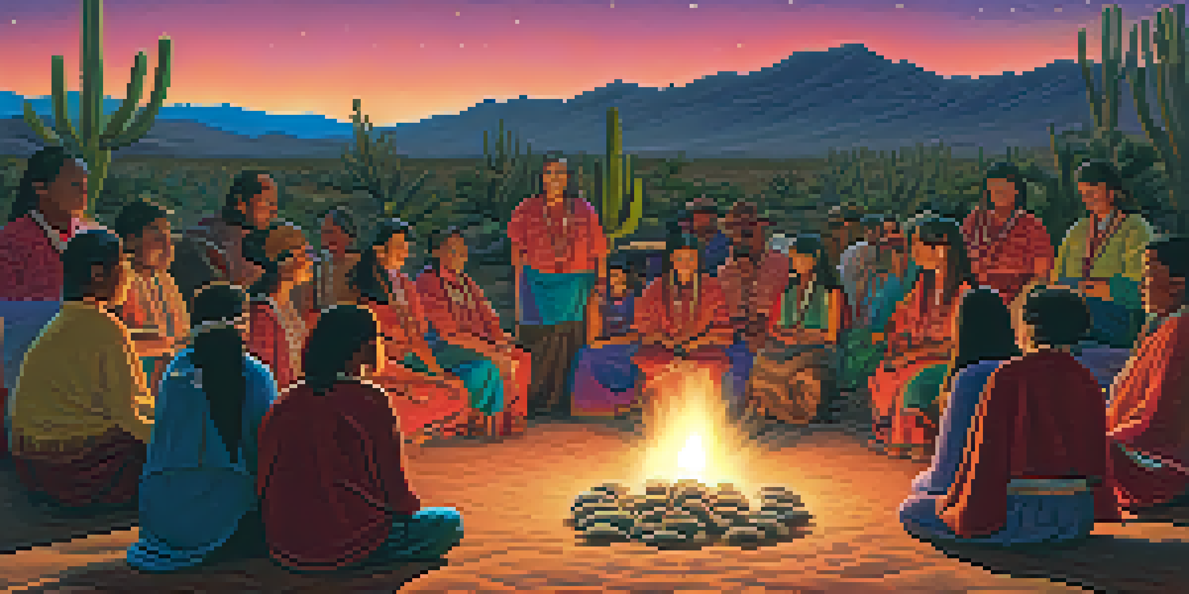 A traditional Indigenous Peyote ceremony with participants in colorful attire gathered around a fire under a starry night sky, with a Peyote cactus in the background.