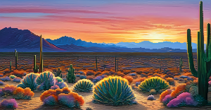 A beautiful Chihuahuan Desert landscape at sunset featuring peyote cacti in the foreground.