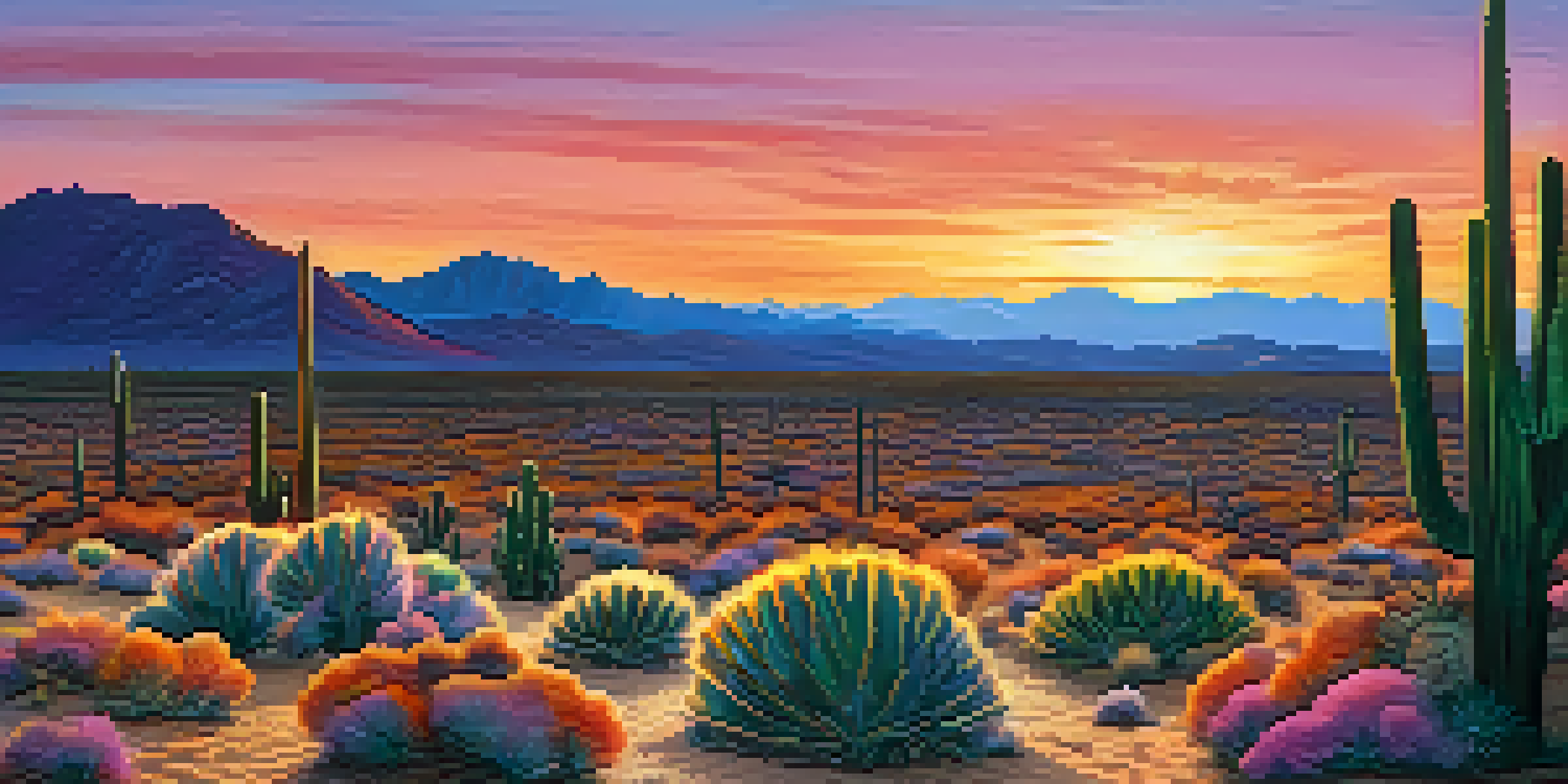 A beautiful Chihuahuan Desert landscape at sunset featuring peyote cacti in the foreground.
