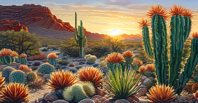 A close-up view of a peyote cactus with colorful desert flowers and a warm sunset in the background.