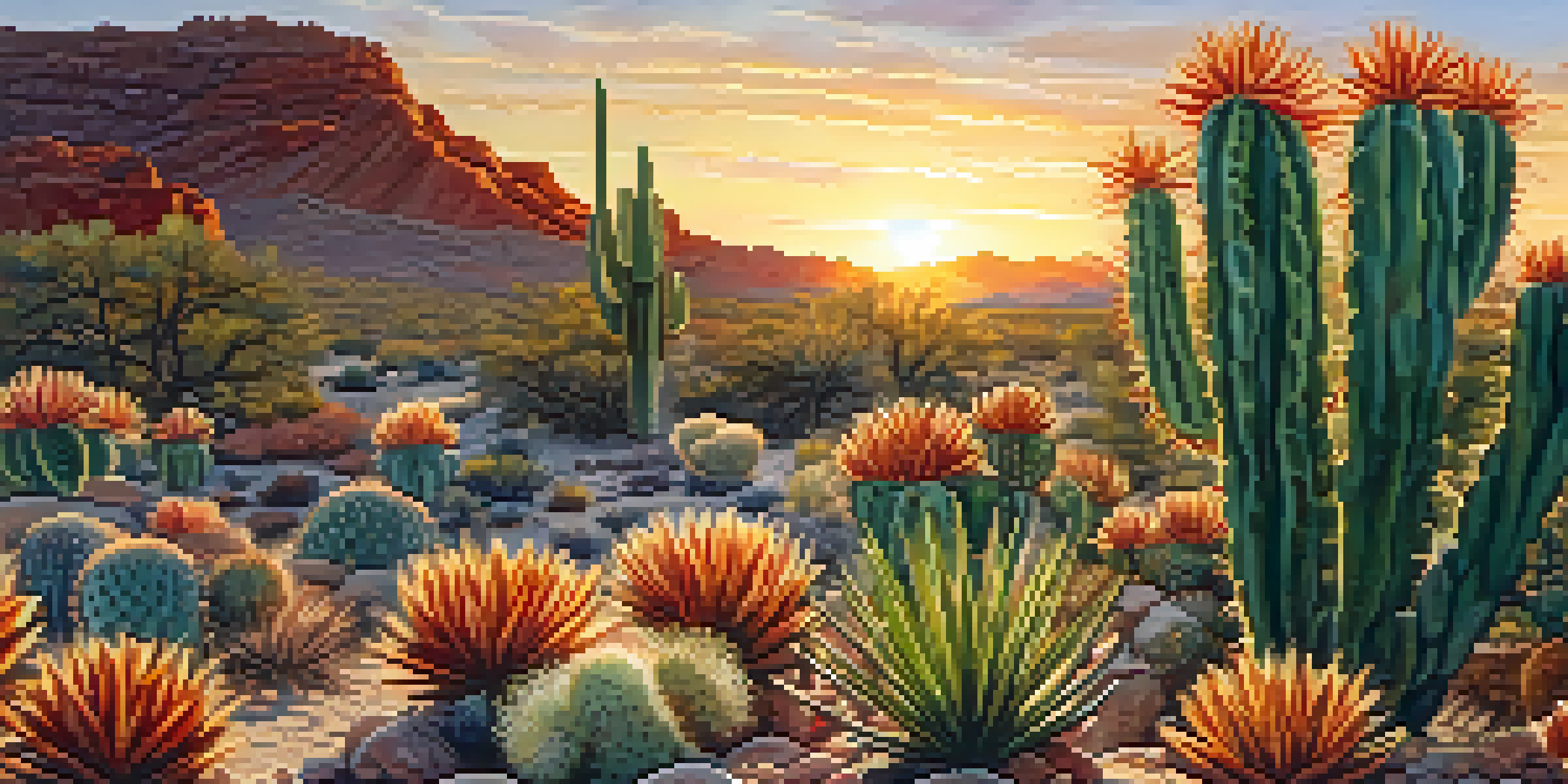 A close-up view of a peyote cactus with colorful desert flowers and a warm sunset in the background.