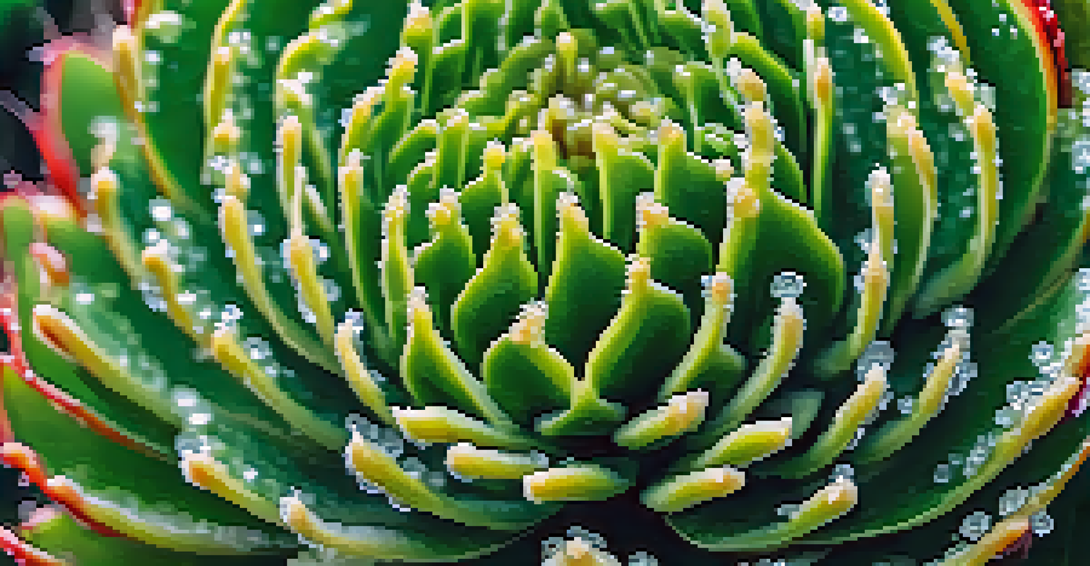 A close-up view of a peyote cactus with dewdrops and a blurred background.