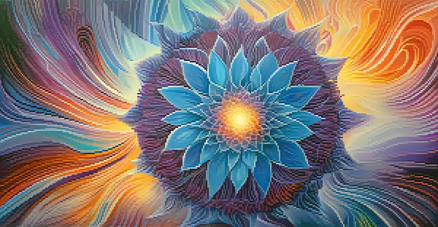 An abstract image depicting emotional healing, with colorful bursts of light and swirling patterns against a calming blue and purple background.