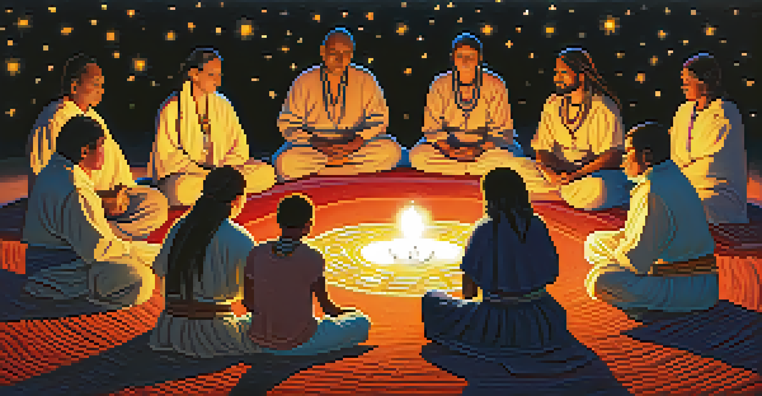 A diverse group of people participating in a peyote ceremony at night, with candles and colorful blankets creating a warm atmosphere.