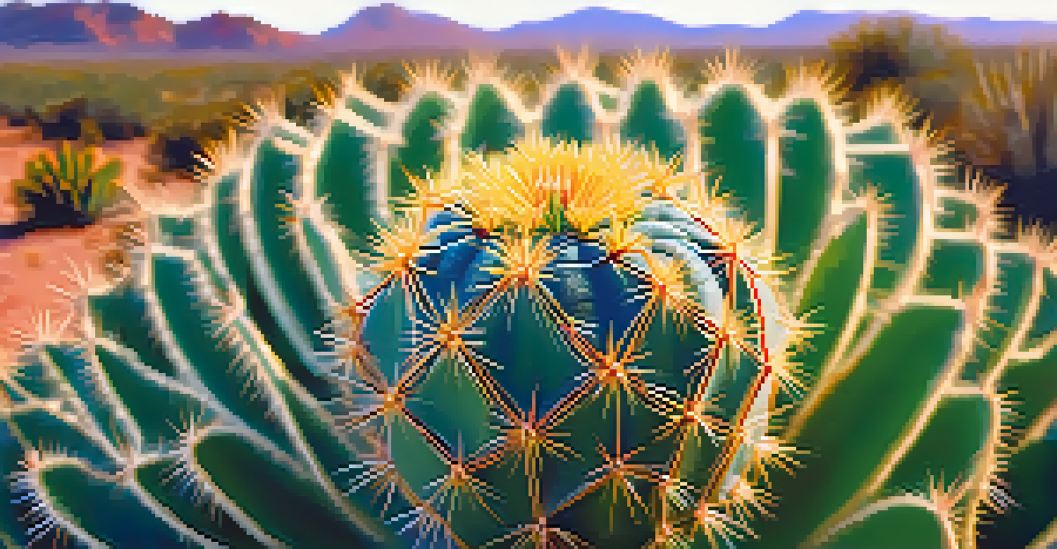 Close-up of a peyote cactus showing its texture and spines, with a blurred desert landscape in the background.