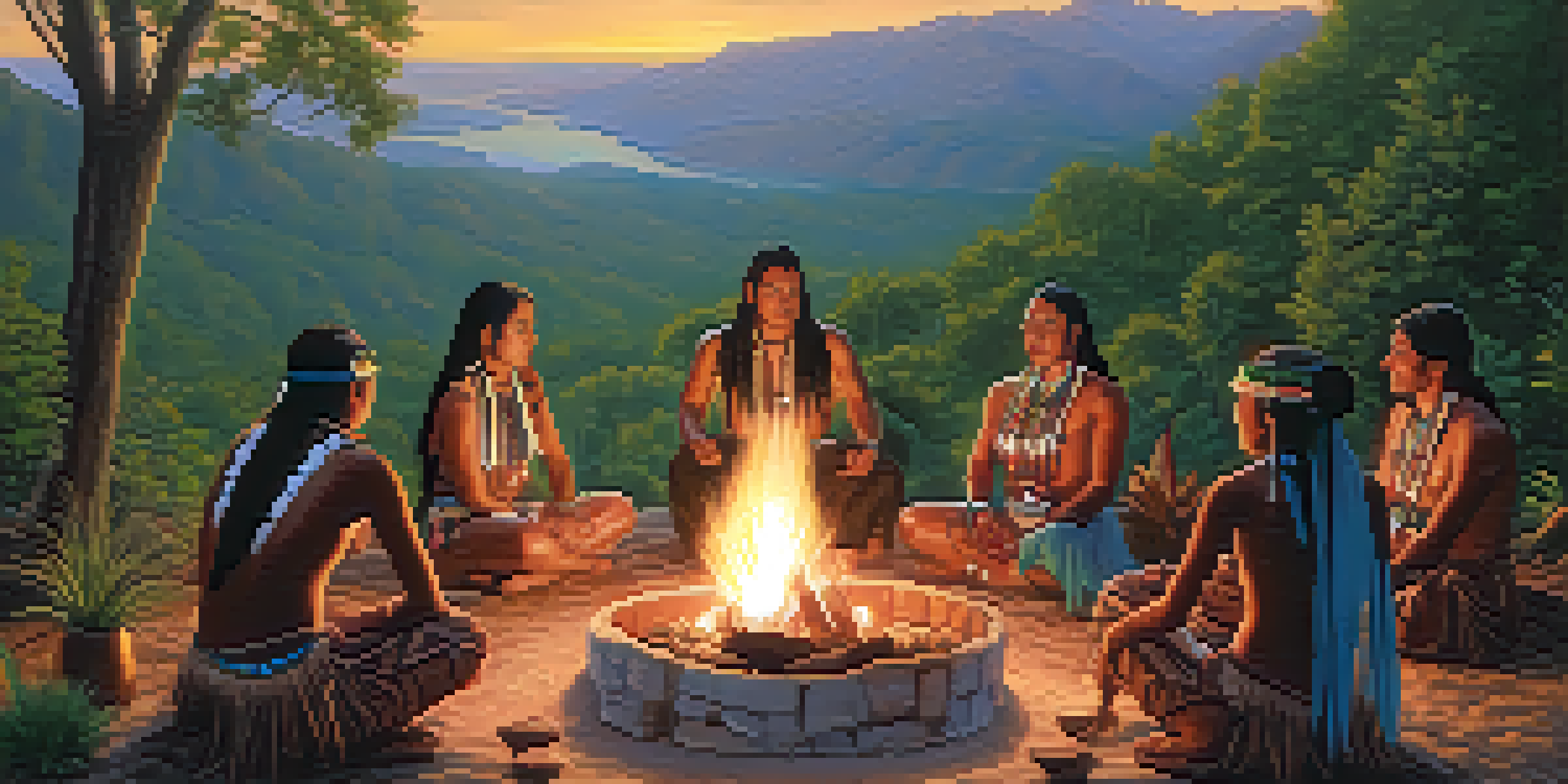 A group of Native American individuals participating in a peyote ceremony at dusk, surrounded by nature and a campfire, creating a spiritual ambiance.