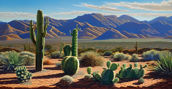A small peyote cactus in a colorful desert landscape with distant mountains and a bright sky.