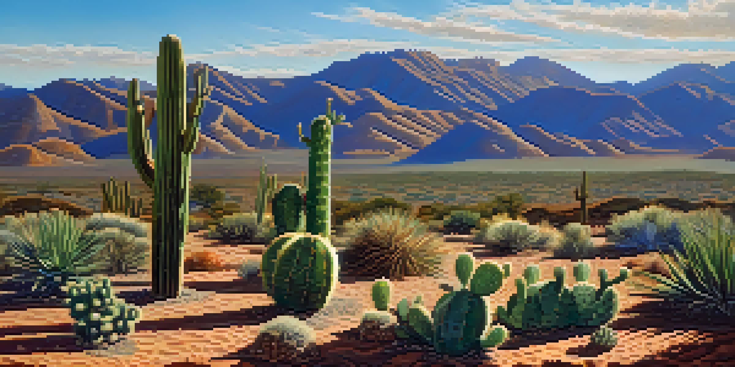 A small peyote cactus in a colorful desert landscape with distant mountains and a bright sky.