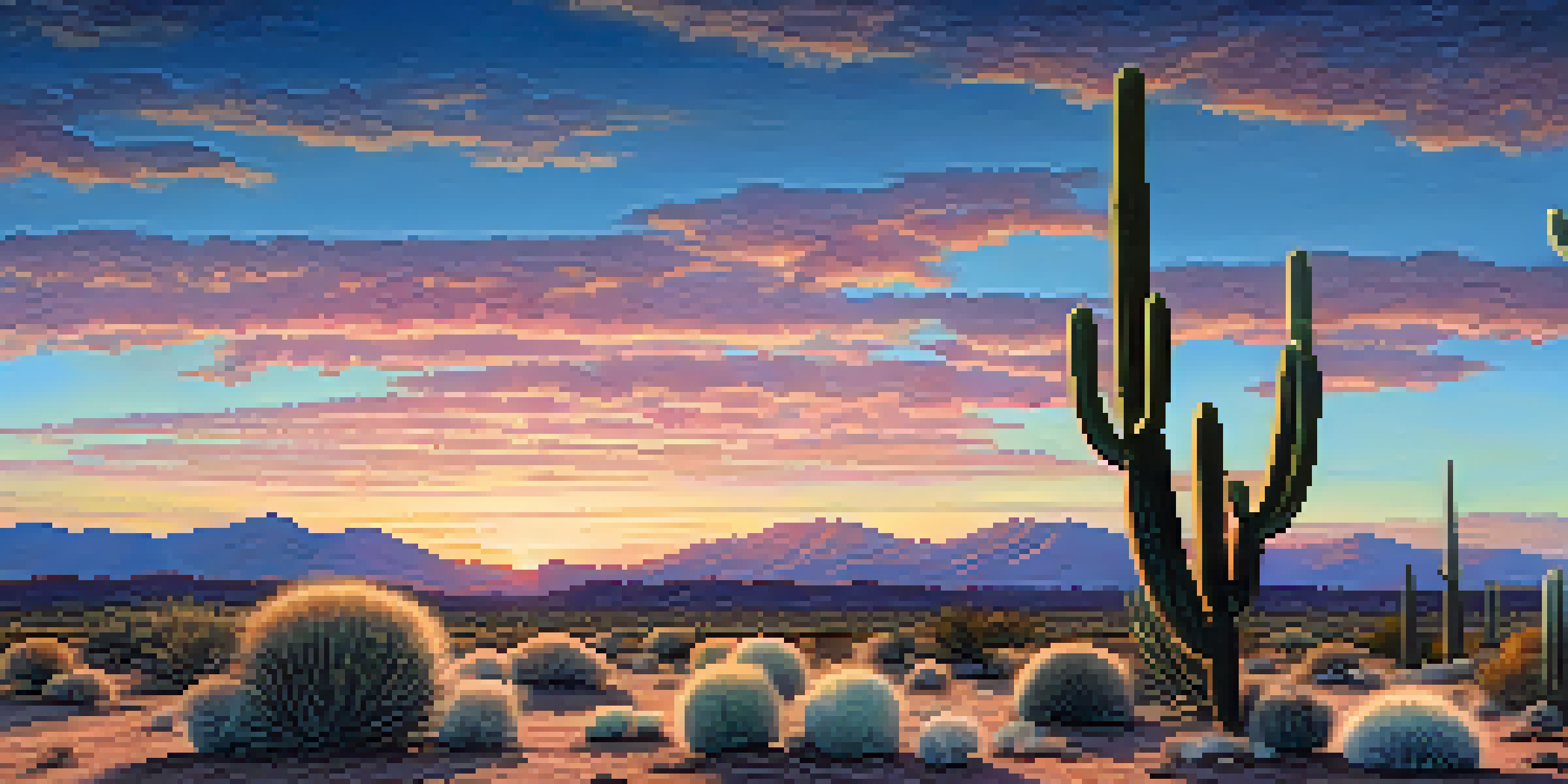 A peaceful desert scene with a Peyote cactus at sunset, highlighting the beauty of nature.