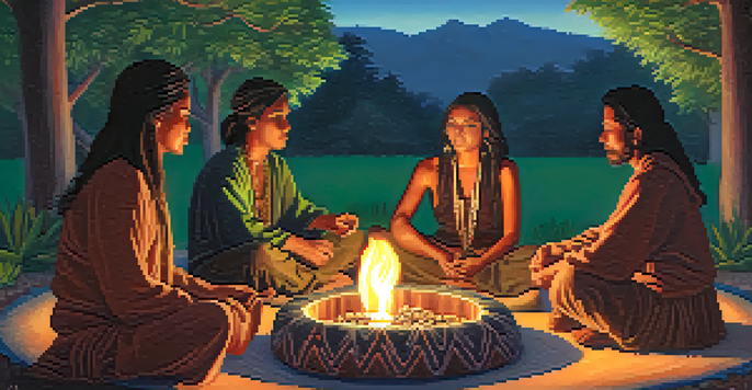 Participants seated in a circle around a warm fire during a peyote ceremony, sharing stories under a starry sky.