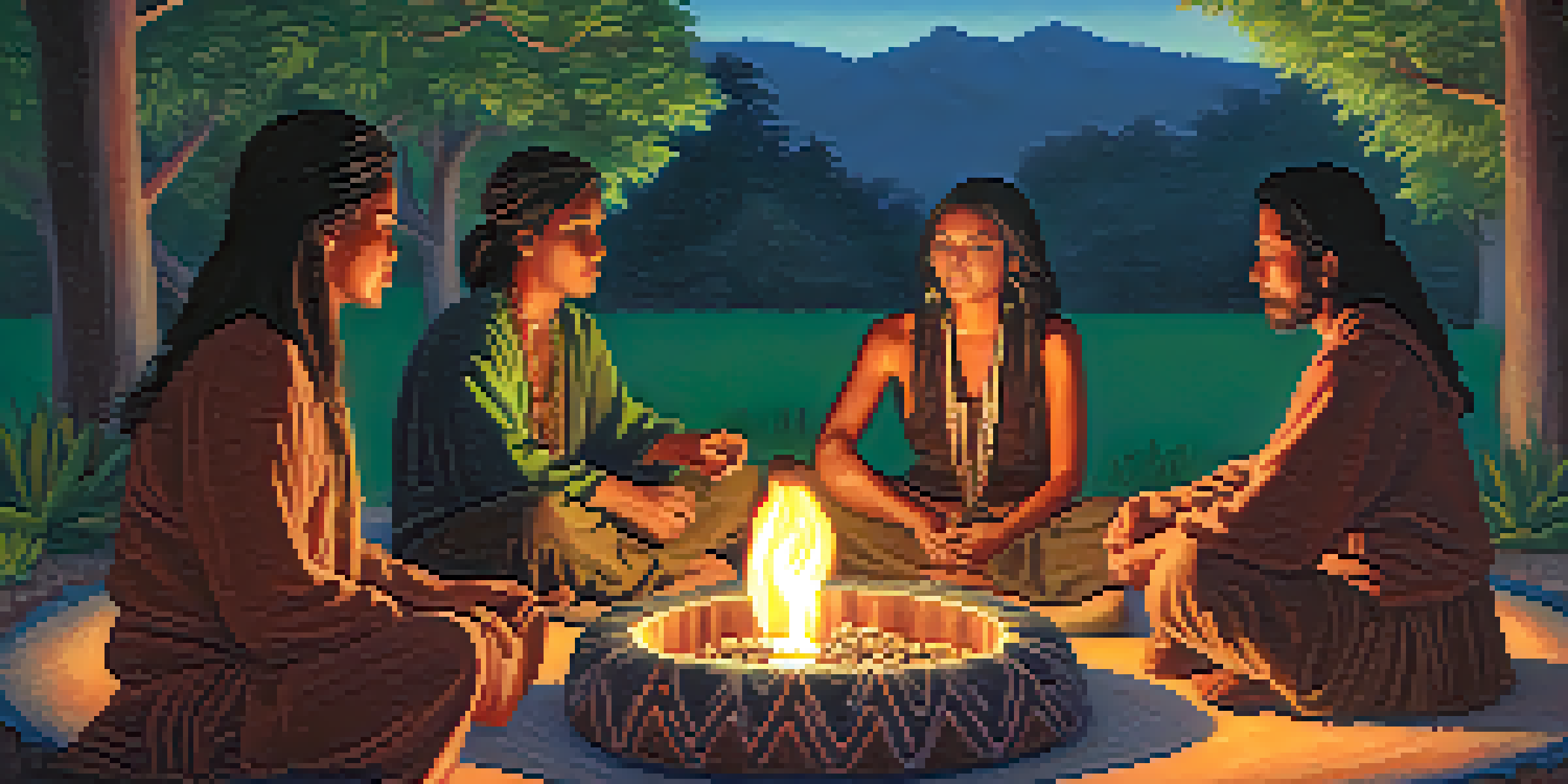 Participants seated in a circle around a warm fire during a peyote ceremony, sharing stories under a starry sky.