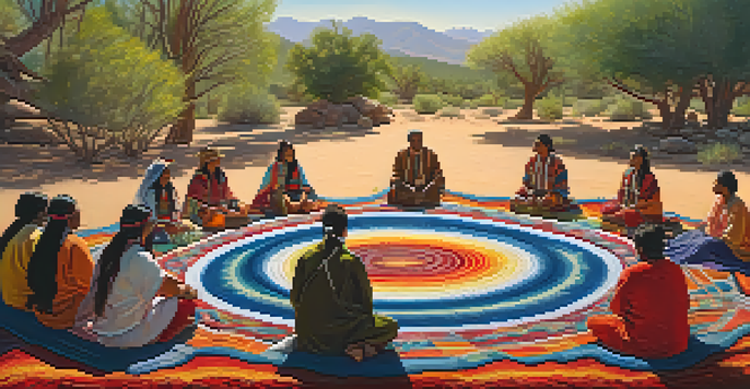 A peaceful peyote ceremony with participants in traditional clothing gathered in a circle under soft sunlight, surrounded by nature.
