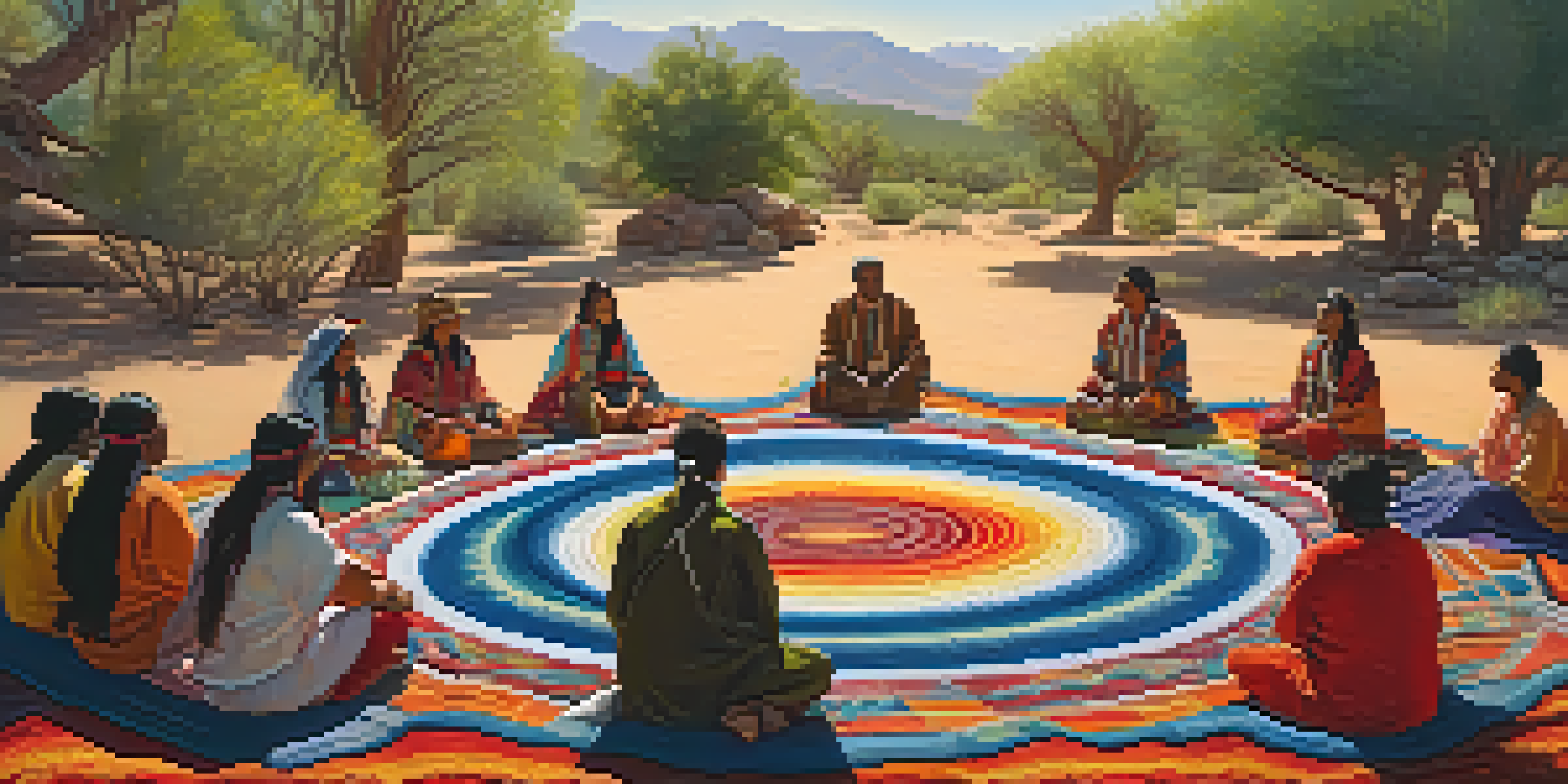 A peaceful peyote ceremony with participants in traditional clothing gathered in a circle under soft sunlight, surrounded by nature.