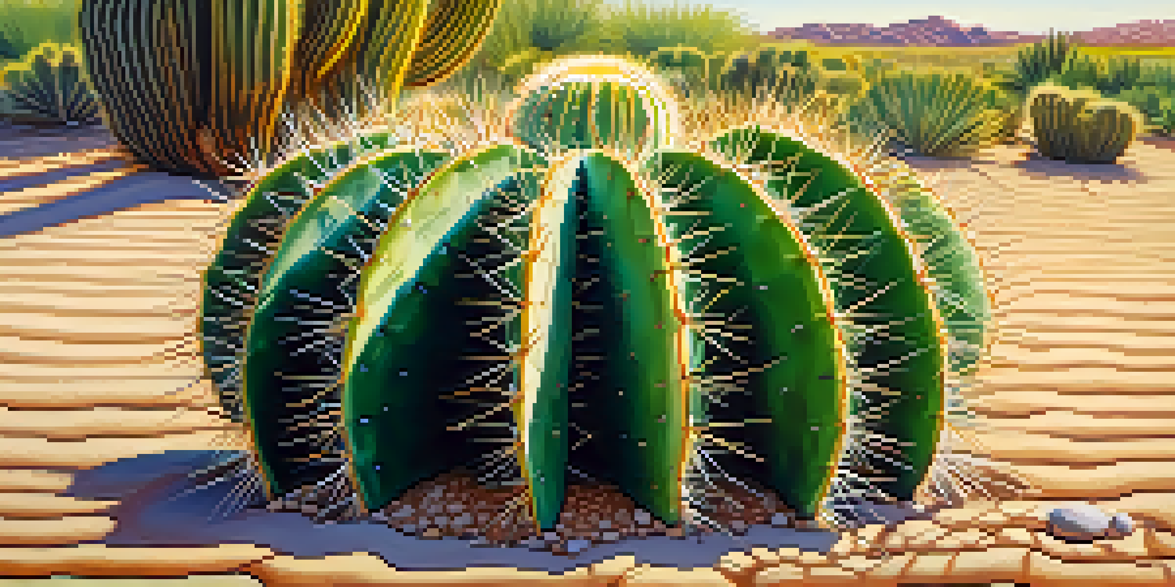 Close-up view of a peyote cactus with intricate details and soft sunlight in a desert setting.