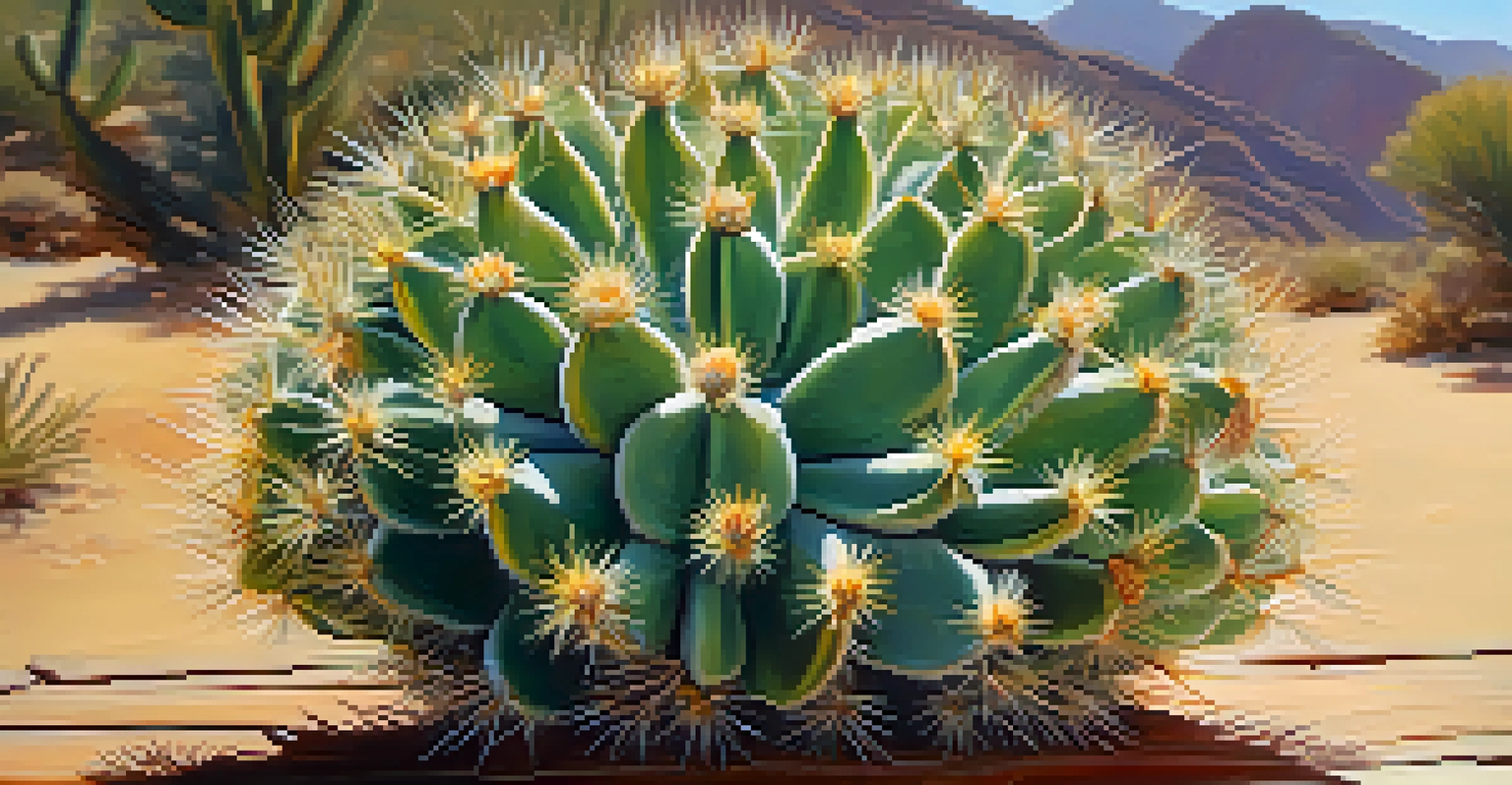 Close-up of a peyote cactus on a wooden surface, showcasing its spines and flowers with natural lighting.