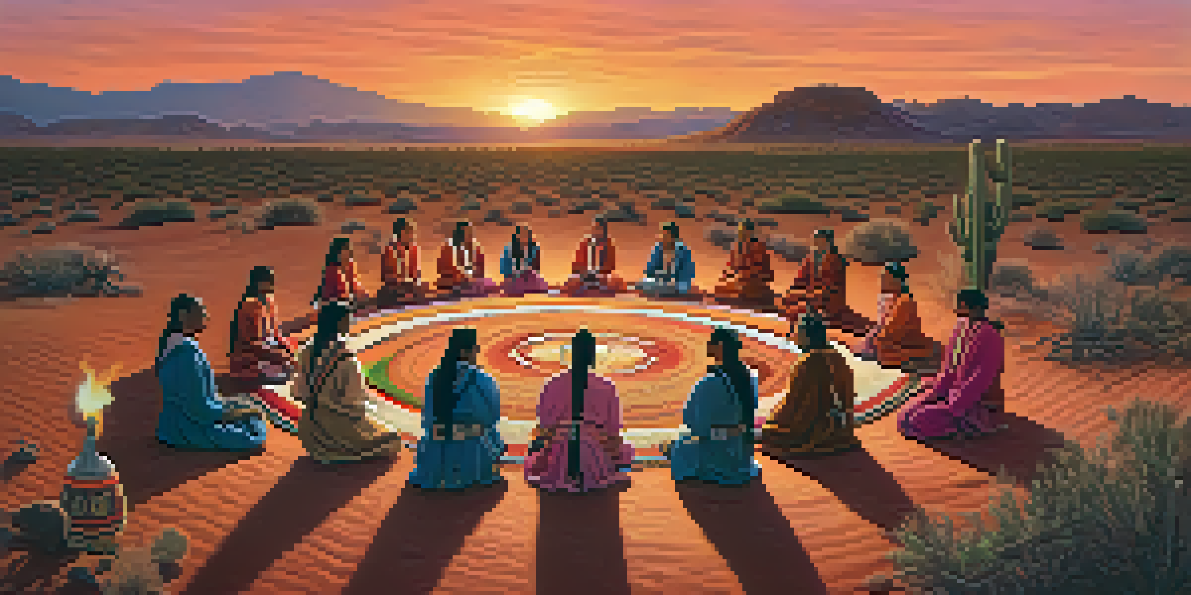 A group of individuals in traditional attire participating in a peyote ceremony at sunset, with a peyote cactus in the foreground.