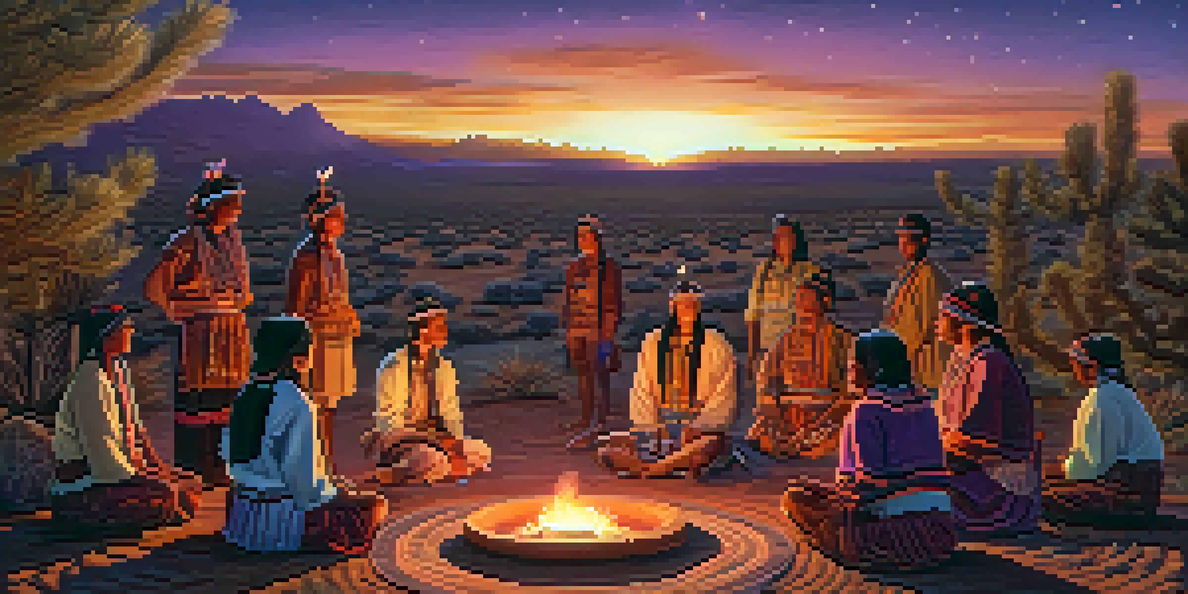 A peaceful scene of an Indigenous peyote ceremony at twilight, with participants gathered around a fire and a peyote cactus in the foreground.