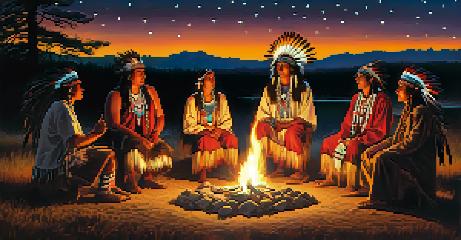 A Native American ceremony with participants around a fire at night.