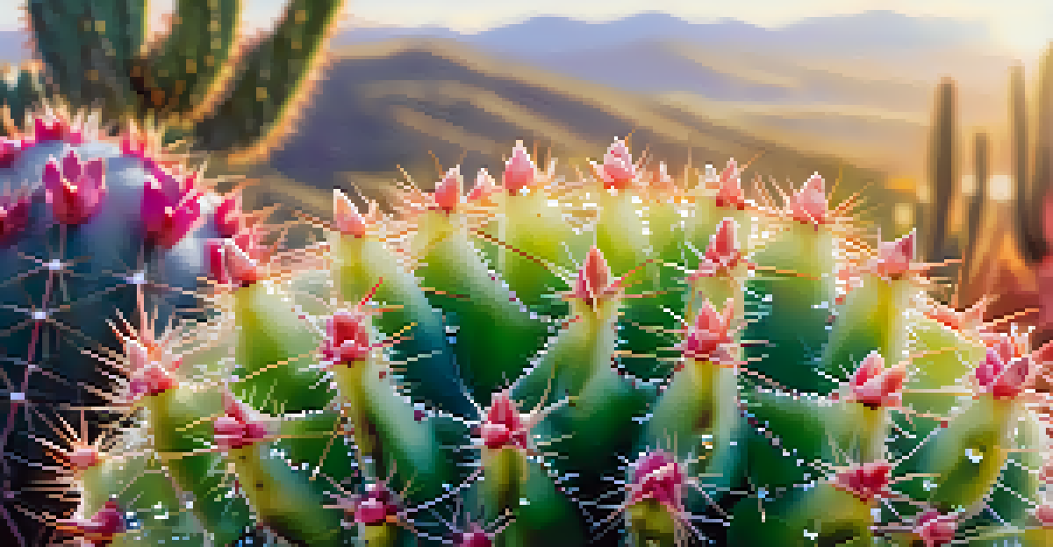 A close-up of a Peyote cactus covered in dew, with a natural landscape blurred in the background.
