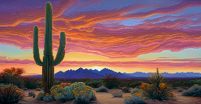 A small green Peyote cactus in a desert landscape at sunset, with colorful sky and wildflowers.