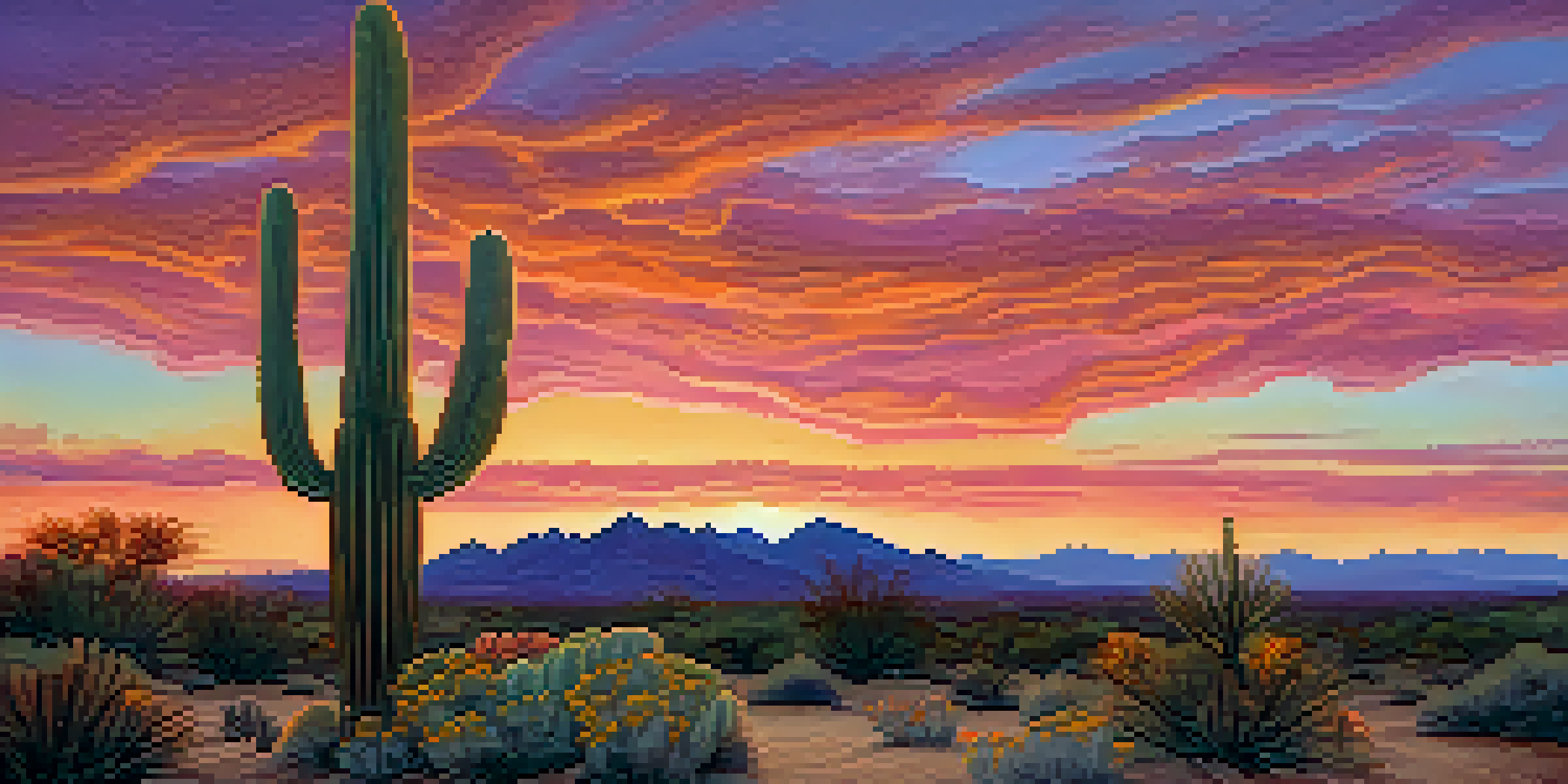 A small green Peyote cactus in a desert landscape at sunset, with colorful sky and wildflowers.