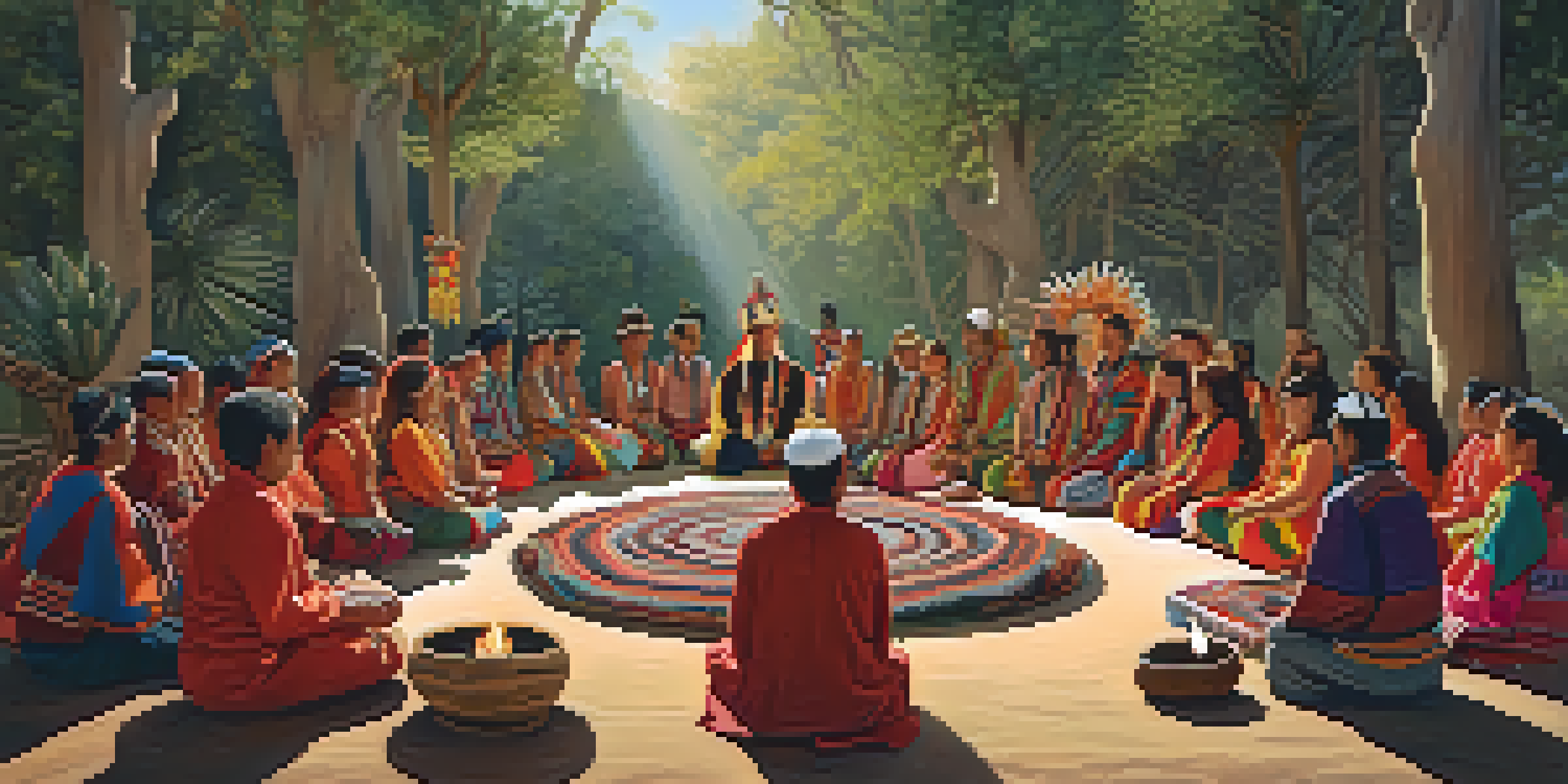 An Indigenous Peyote ceremony with participants in a circle around an altar, featuring traditional artifacts and warm lighting.
